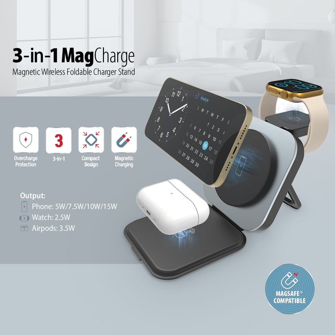 BLUESTONE 3-in-1 Magnetic Wireless Charging Station for Smartphone Apple Watch and AirPods (Grey, 1 Pack) uorcu