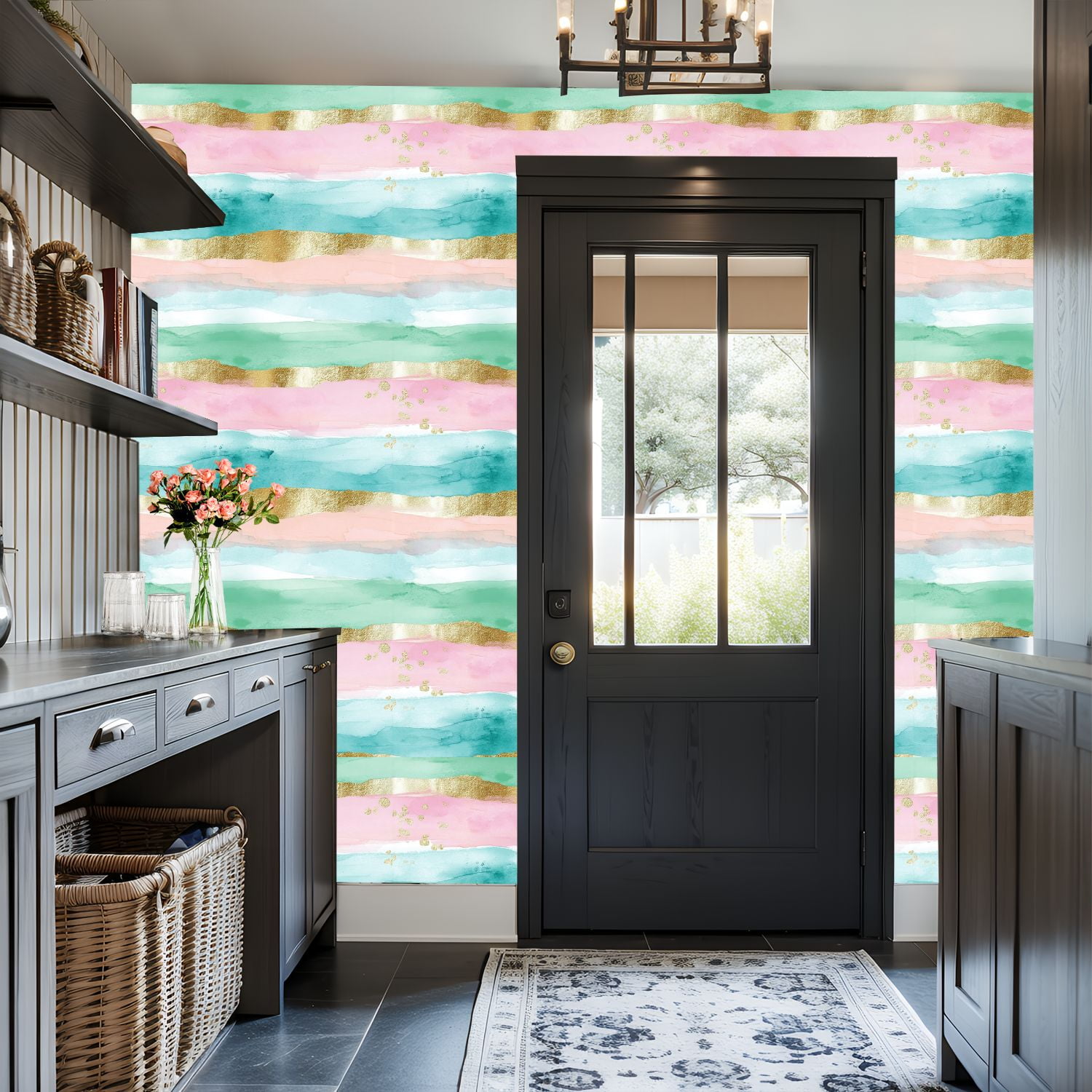 Kanworse Boho Peel and Stick Wallpaper Abstract Watercolor Stripes with Gold Accents (Gold, 17.7 in x 9.8 ft) fazqc