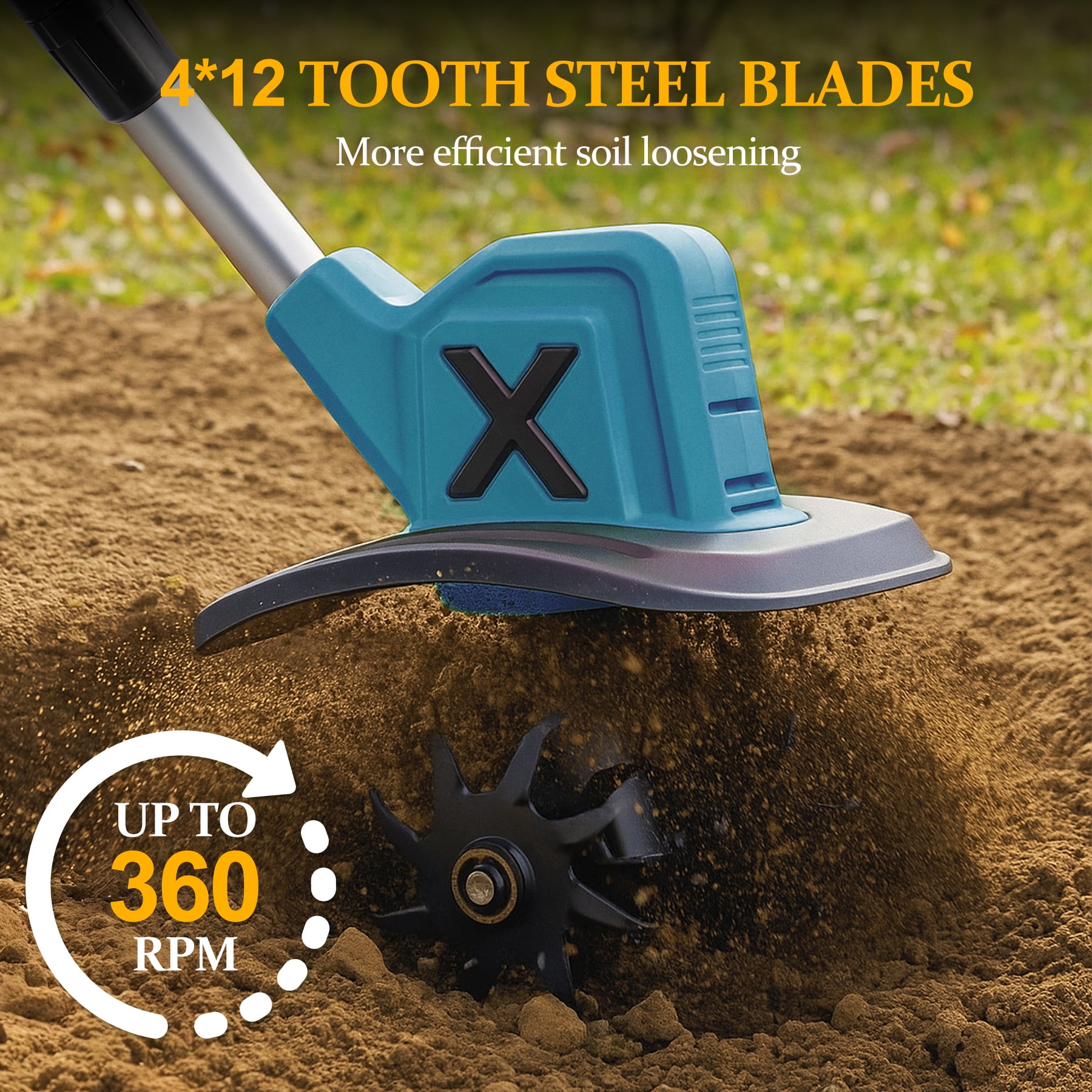 HUSGW 21V Cordless Electric Garden Tiller Cultivator, High-Torque Rotary Soil Tiller with 2 Batteries and Charger (9 in Width, 6 in Depth) r62x3