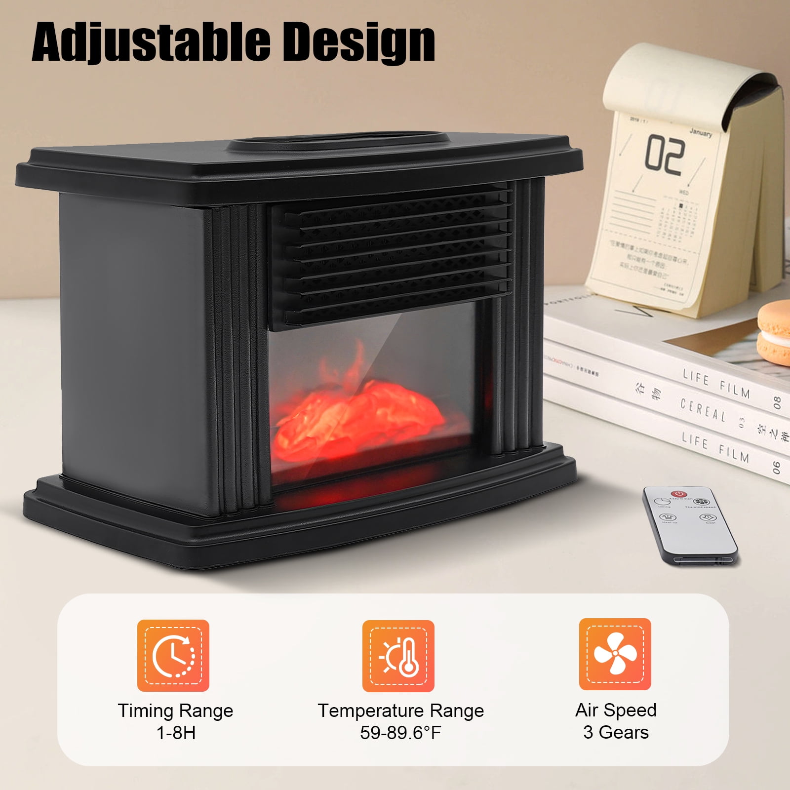 TOOL1SHOoo Electric Fireplace Space Heater, 3D Flame Log Burner, Portable Fast Heating (Black, 1000W) b20fj