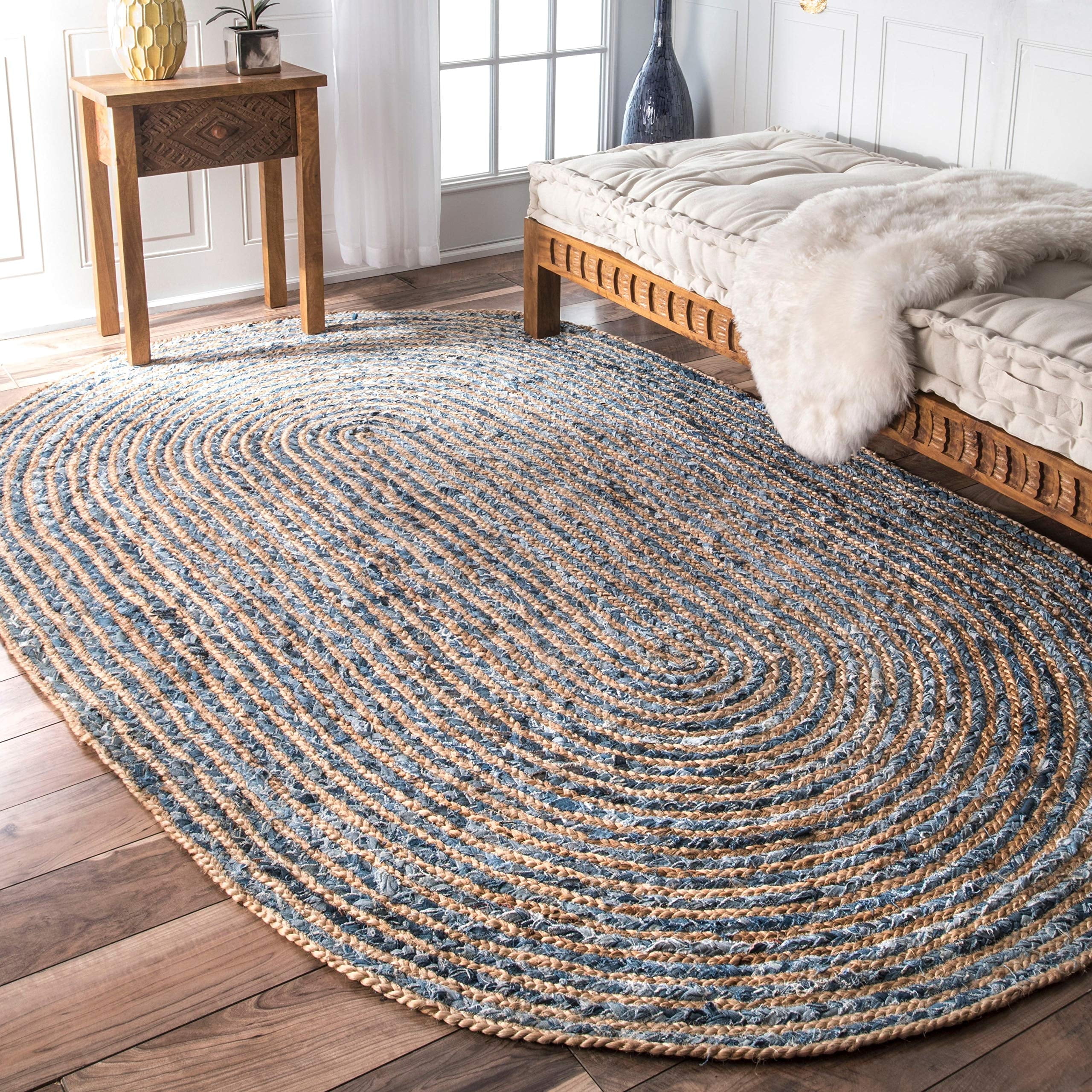 ColorFullHouse Handmade Braided Jute and Denim Cotton Area Rug (Blue, 2.3 ft x 4 ft Oval) 75lzb