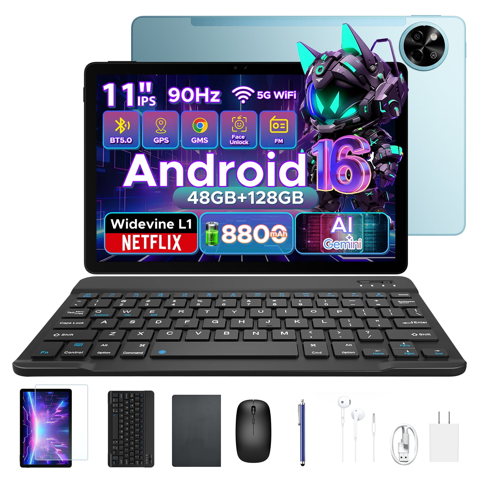 POCKAM P11 11-inch Android 16 Tablet with Gemini AI, 48GB RAM, 128GB Storage, Keyboard and Stylus Included (Blue, 11-inch) 32e9i
