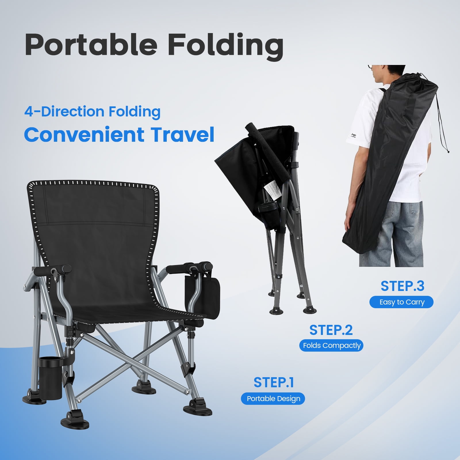 LNOW Folding Camping Chair with Cup Holder and Side Pocket, Heavy-Duty Portable Outdoor Seat for Beach, Sports, and Fishing (Black, 350 lb Capacity) hrus6