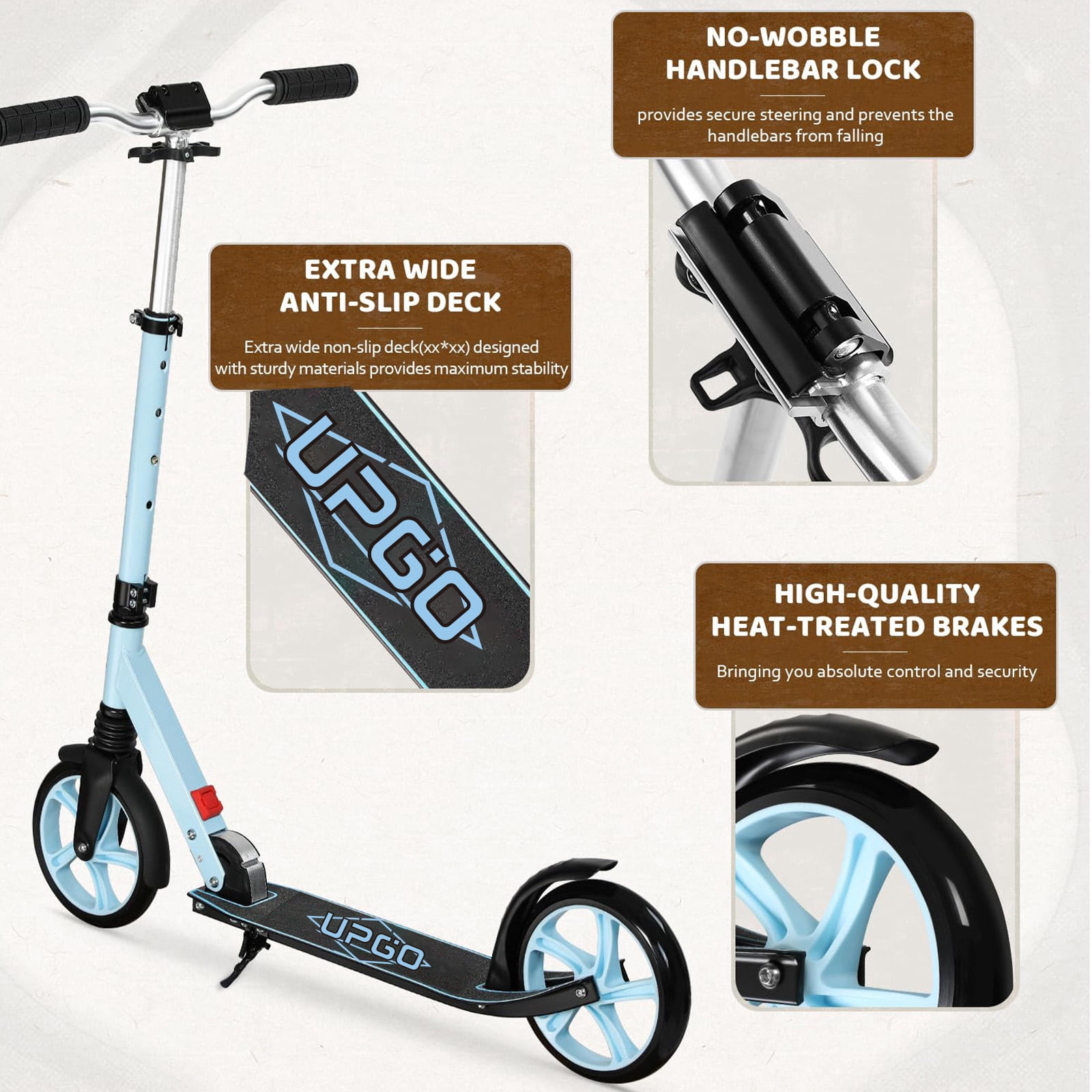 Upgo Foldable Kick Scooter with Adjustable Handlebar and 8-Inch Wheels (Blue, 240 lb Capacity) l1ddw