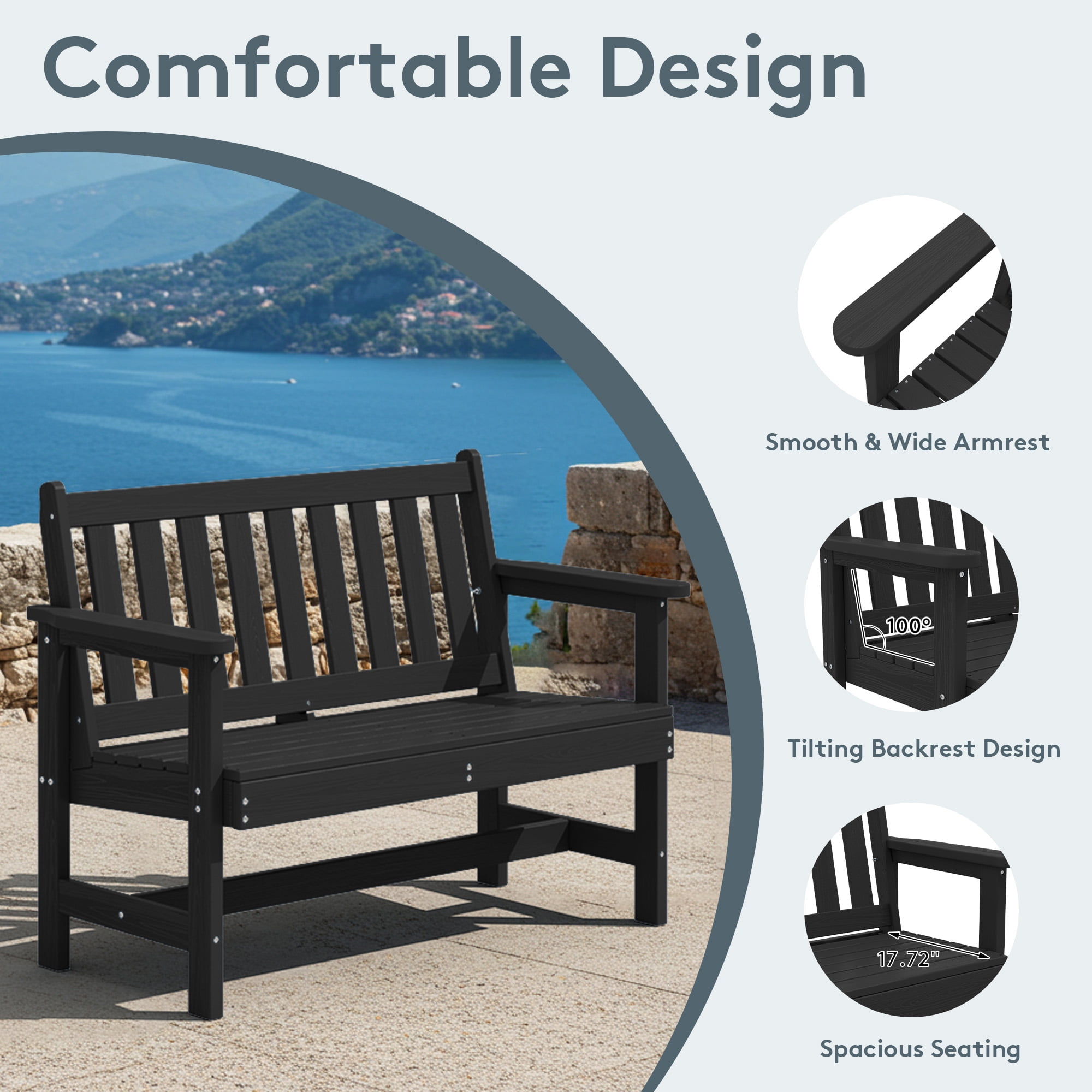 SERWALL Outdoor Patio Bench, Weather-Resistant HDPE 2-Person Garden Seating with Aluminum Reinforcement (Black, 48.82 in W) u8v4c