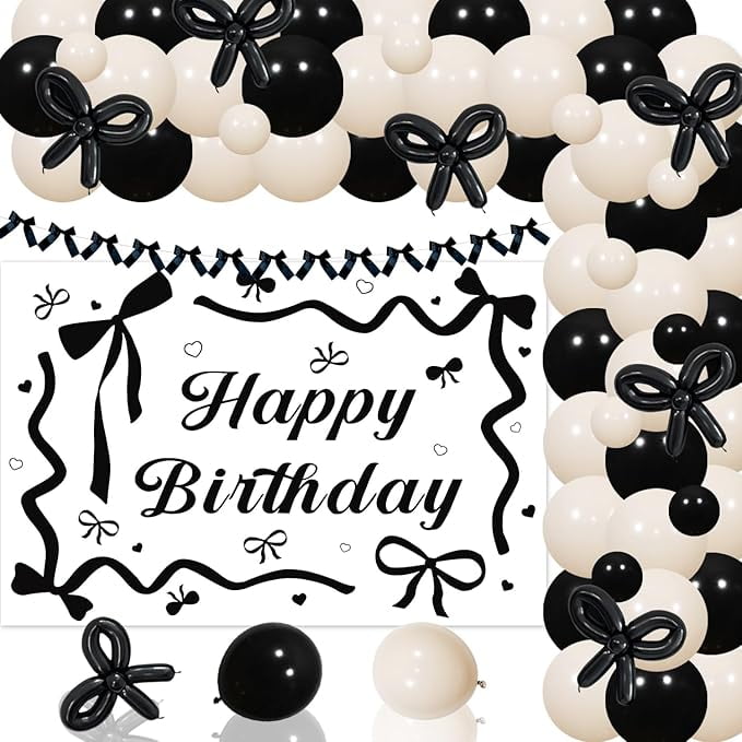 Generic Black Bow Birthday Party Decoration Set with Backdrop and Balloon Arch Kit (Black, 1 Set) bgcnd