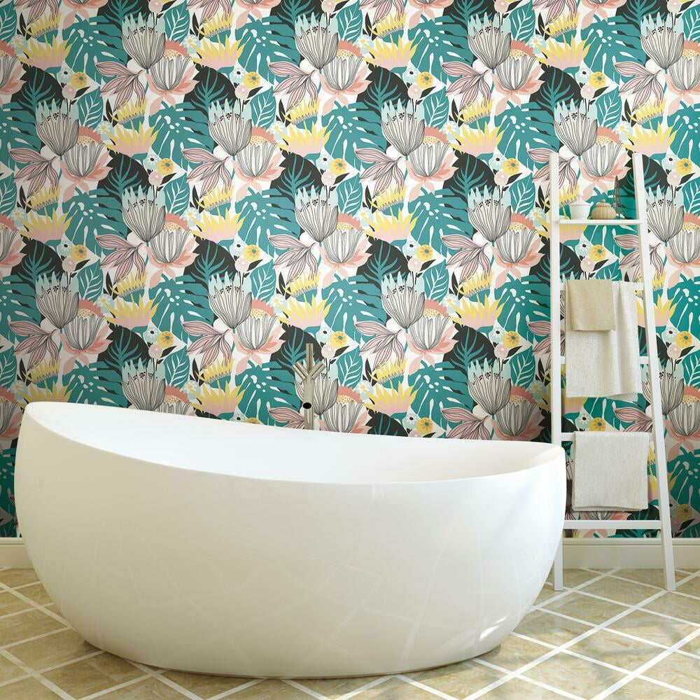 RoomMates Retro Tropical Leaves Peel and Stick Wallpaper (Pink, 20.5 in x 16.5 ft) jncuq