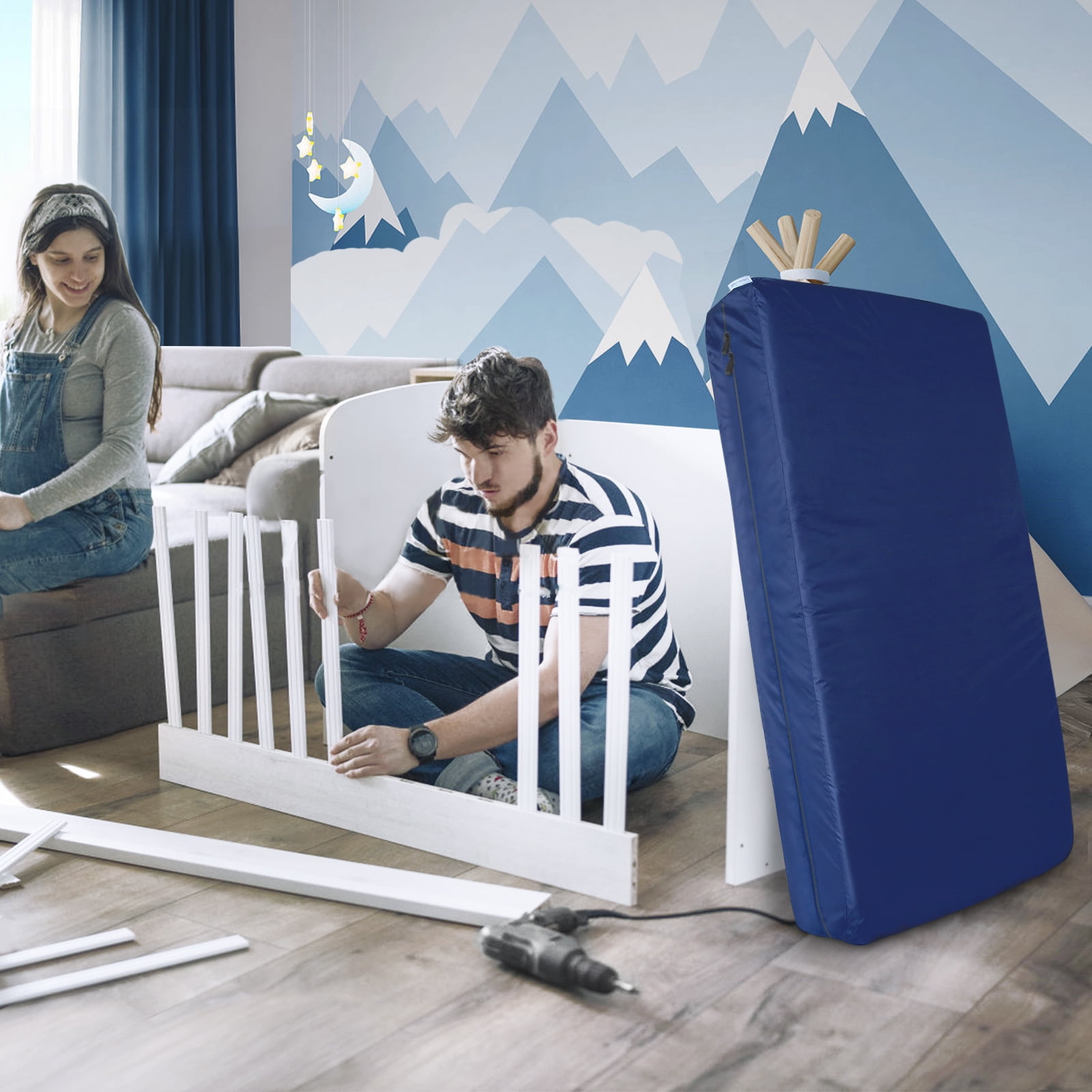 Biloban Crib Mattress Moving Bag, Heavy Duty Waterproof Storage Cover with Strong Zipper (Navy, 52 in x 28 in x 6.5 in) ypktm