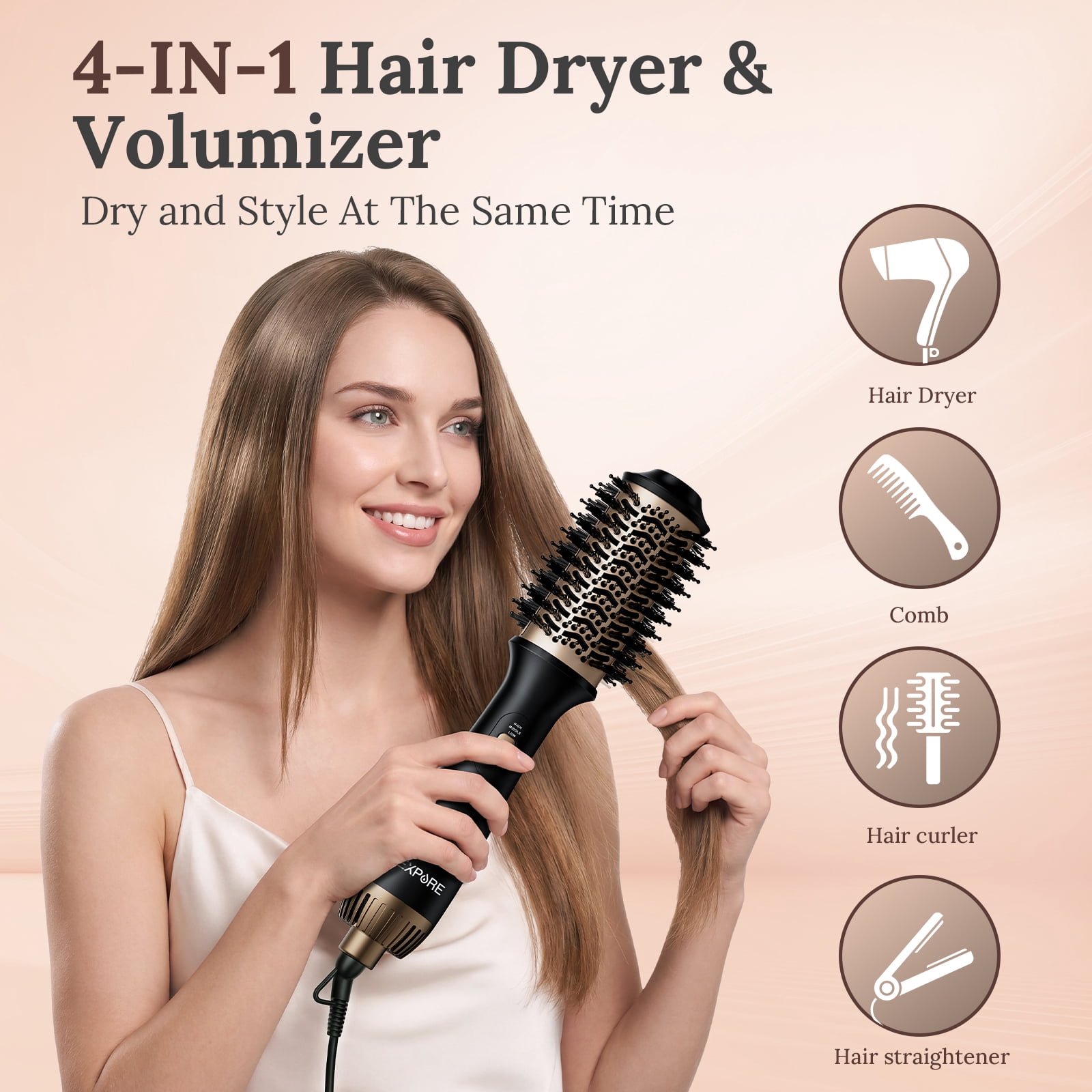 NEXPURE 4-in-1 Hot Air Brush Hair Dryer with Negative Ion Ceramic Titanium Barrel (Gold, 1 Unit) ko0dd