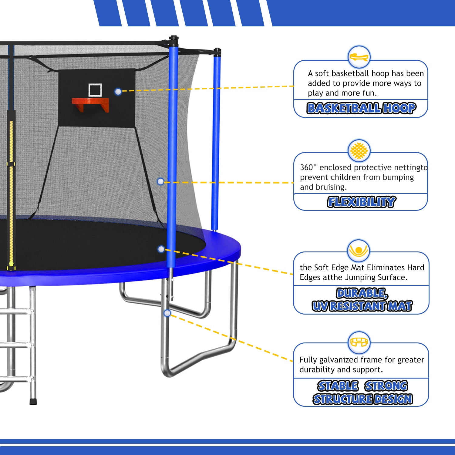 SHINPT 14ft Outdoor Trampoline with Basketball Hoop and Ladder, Heavy-Duty Backyard Trampoline with Safety Net (Blue, 14 ft) v976f