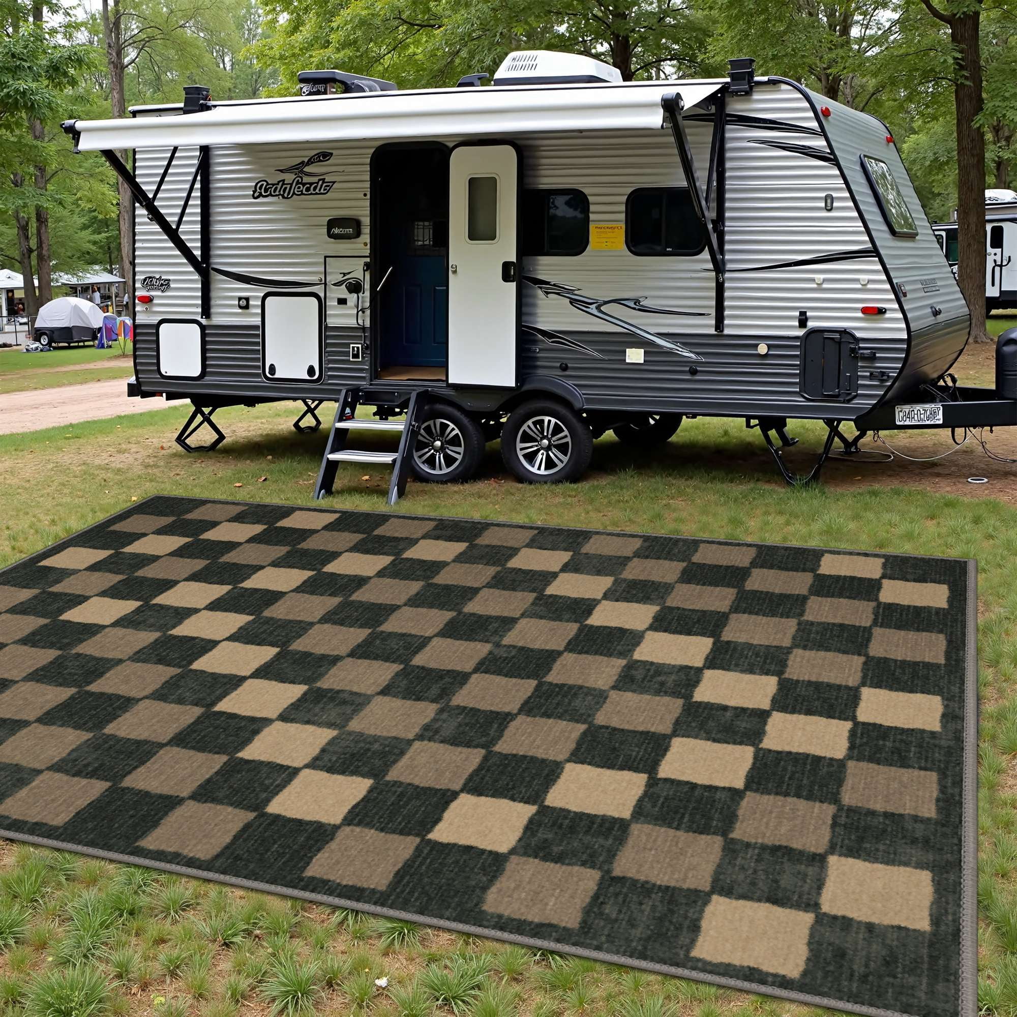 DEORAB Outdoor Rug, Chenille Patio Area Rug, Non-Slip Waterproof Camping Mat for RV and Deck (Blue Black & Brown, 8 ft x 10 ft) 3hcb2