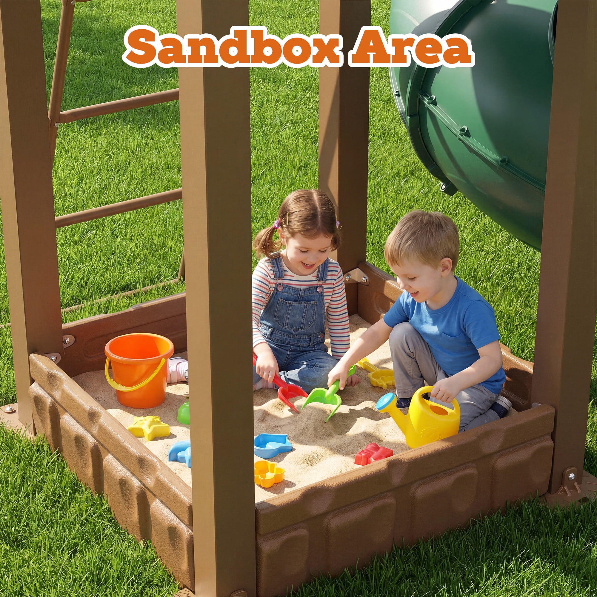 LIZHOUMIL Backyard Playset with Slide, Dual Swings, Climbing Wall, and Sandbox (Heavy-Duty Galvanized Steel, 15 ft x 12 ft) revoo