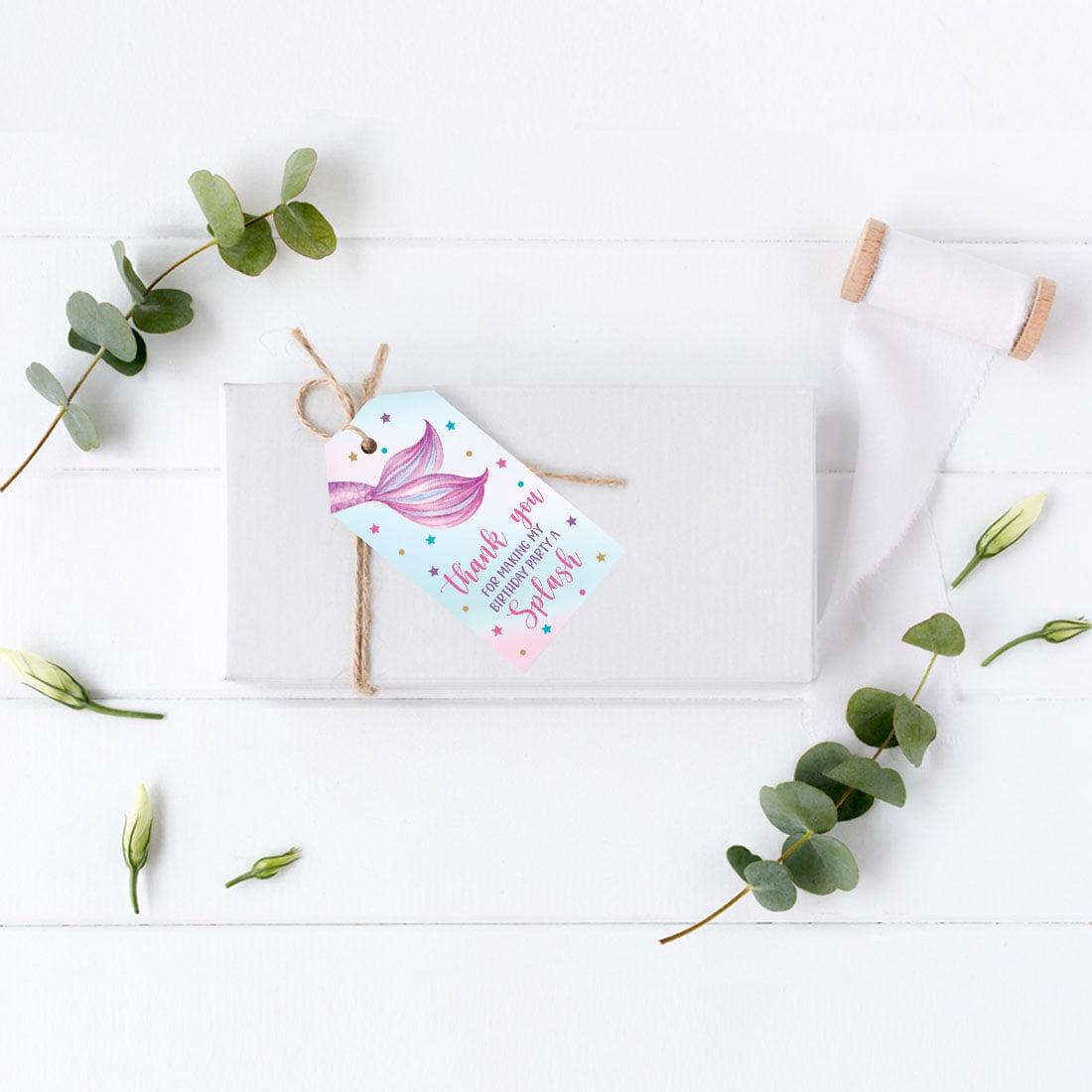 Koyal Wholesale Mermaid Birthday Party Favor Gift Tags with String (White, 50 Pack) w70lp