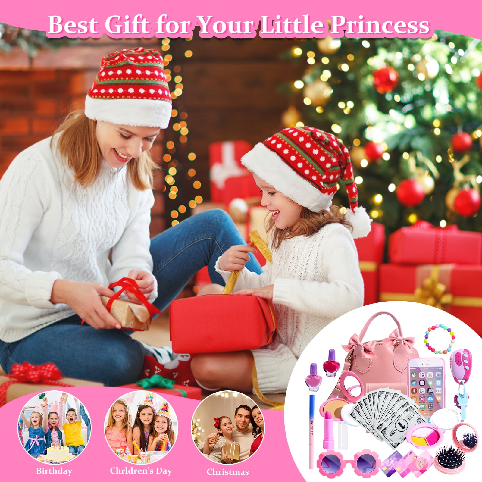 TiokMc Princess Play Purse Set, Pretend Makeup and Fashion Accessories for Kids (Pink, 31-Piece) qjp2q