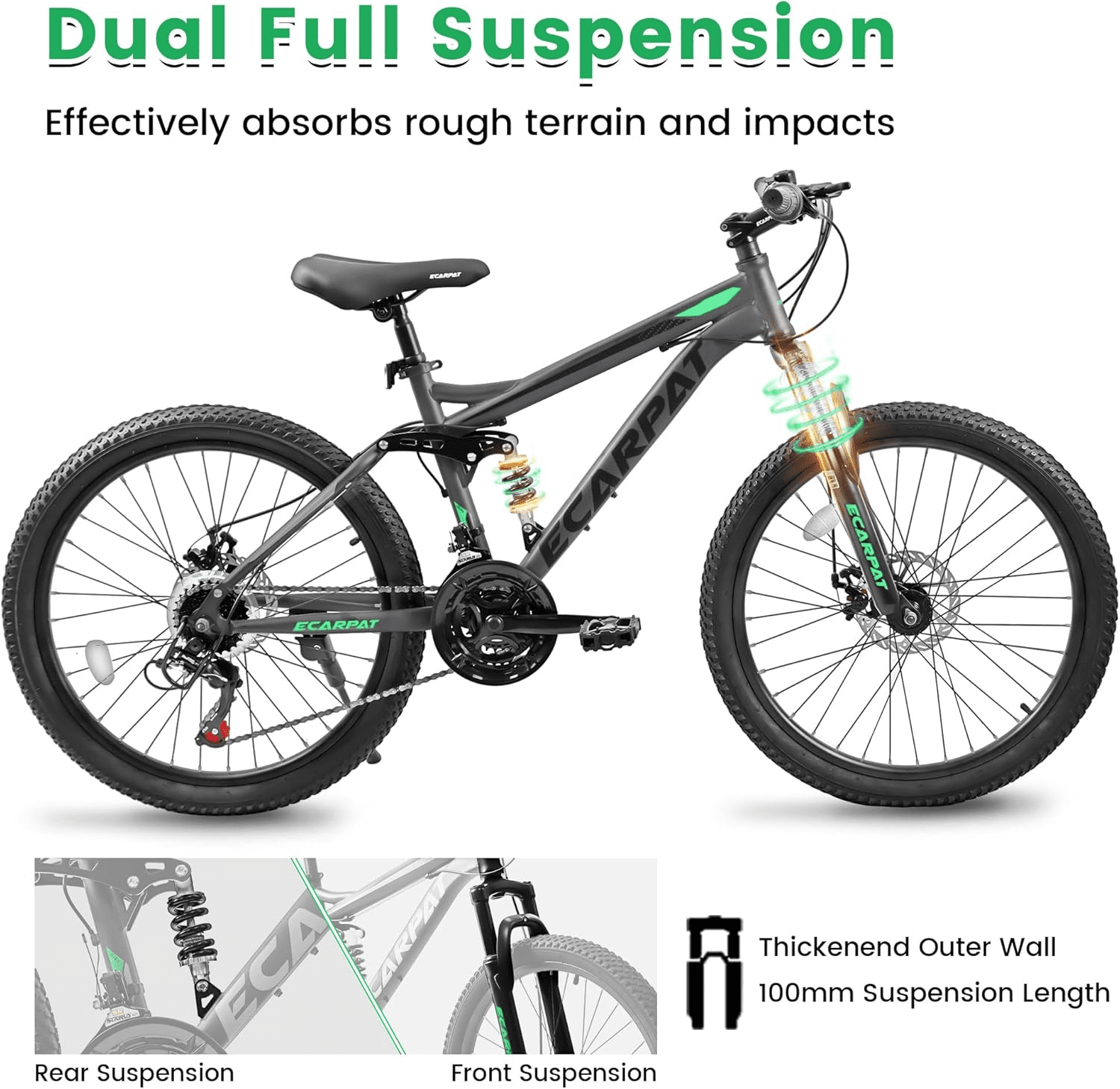 ESRIDOM 24 in Mountain Bike, 21-Speed Full Suspension MTB with Dual Disc Brakes (Grey, 24 in) 08fi8