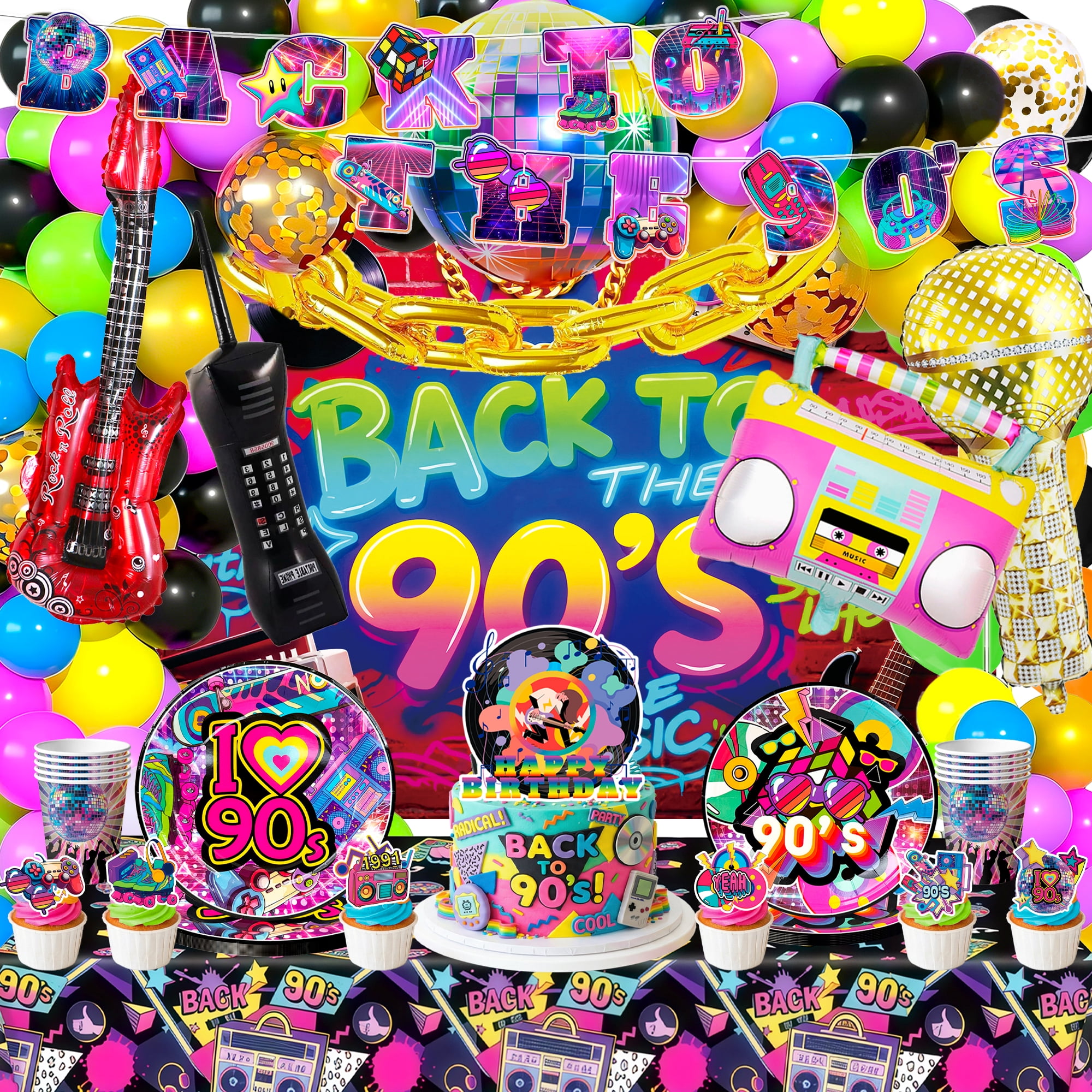 ElifJoyDeco 90s Party Decorations Birthday Supplies Set with Backdrop Balloons and Tableware (128 Pieces) swqdf
