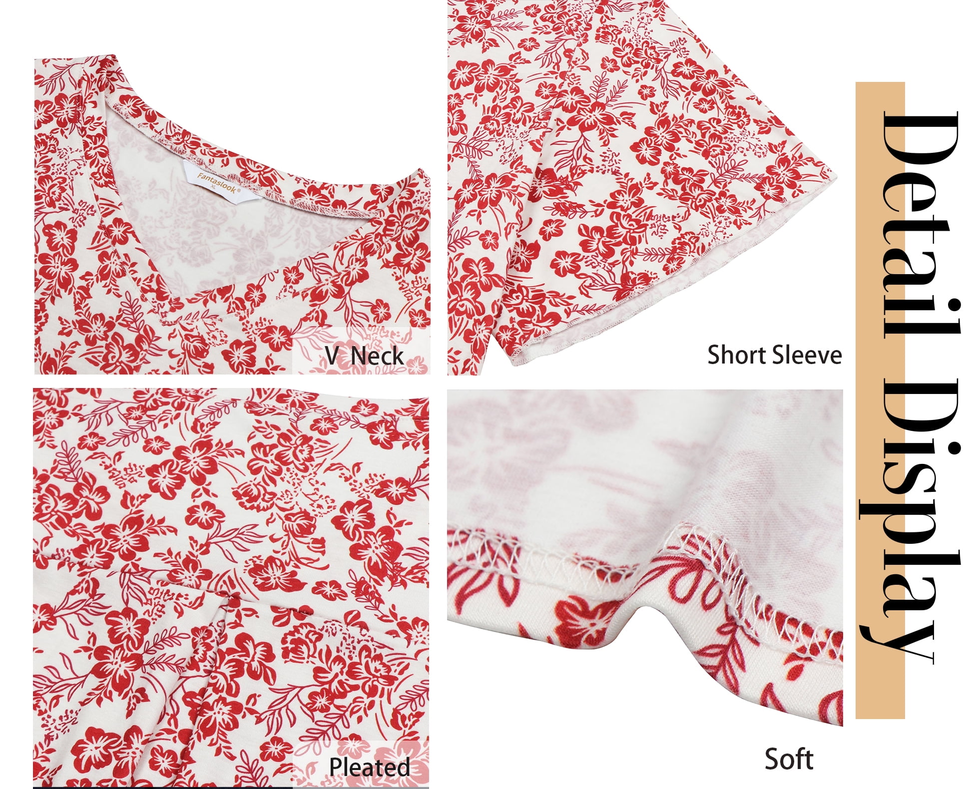 Fantaslook Womens V Neck Tunic Blouse Short Sleeve Dressy Casual Work Shirt (Red, L) h75sl