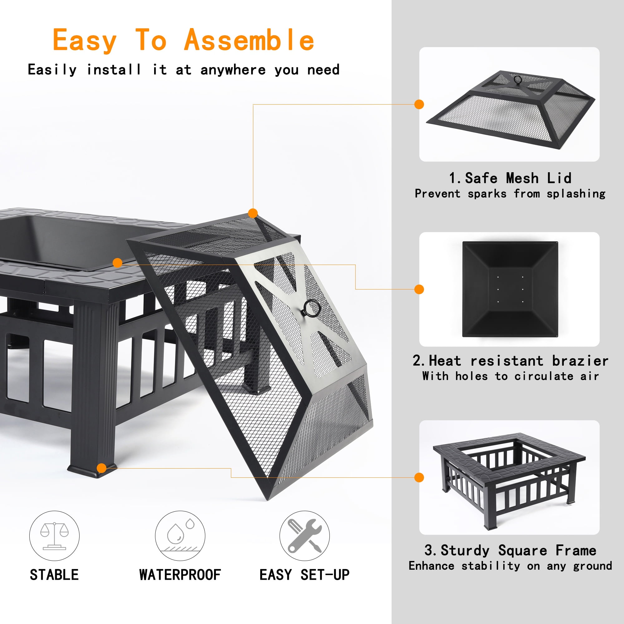 Segmart Outdoor Fire Pit Table, 32 in Square Wood Burning Fire Pit with Spark Screen and Log Poker (Black, 32 in) c7uir