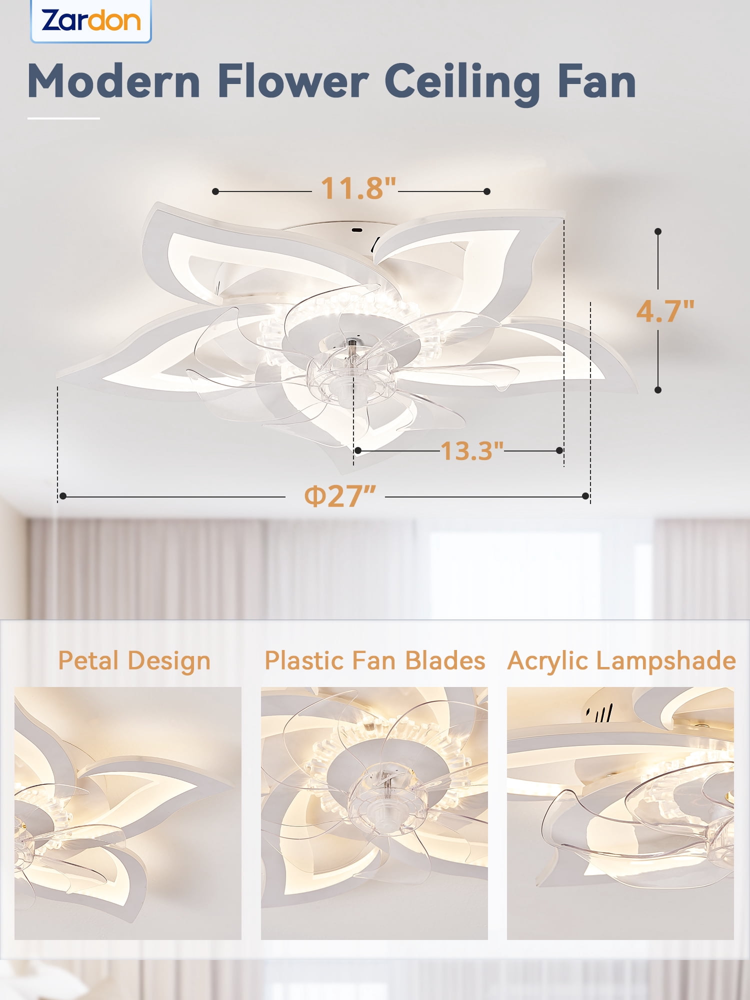 Zardon 27 in Flower Ceiling Fan with LED Lights and Remote Control (White, 27 in) 36qzx