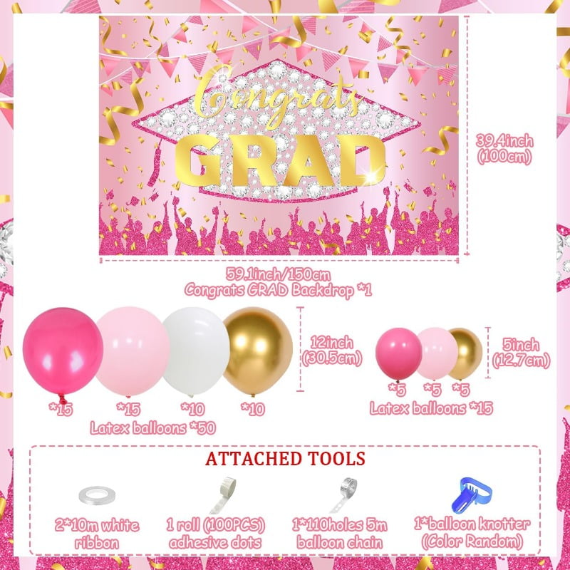 Joymemo 71-Piece Graduation Party Decoration Set, Pink and Gold Balloon Garland Arch Kit with Congrats Grad Backdrop (Pink, 71-Piece Set) tq3ya