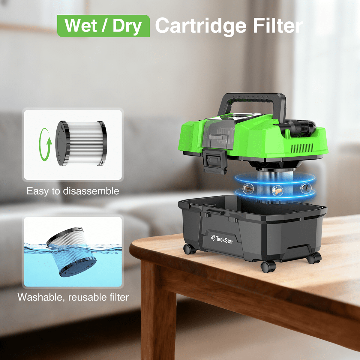TaskStar Cordless Wet Dry Shop Vacuum with Blower, Brushless Motor, 2 Batteries, Portable Shoulder Strap (Green, 2.6 gal) hcs8i