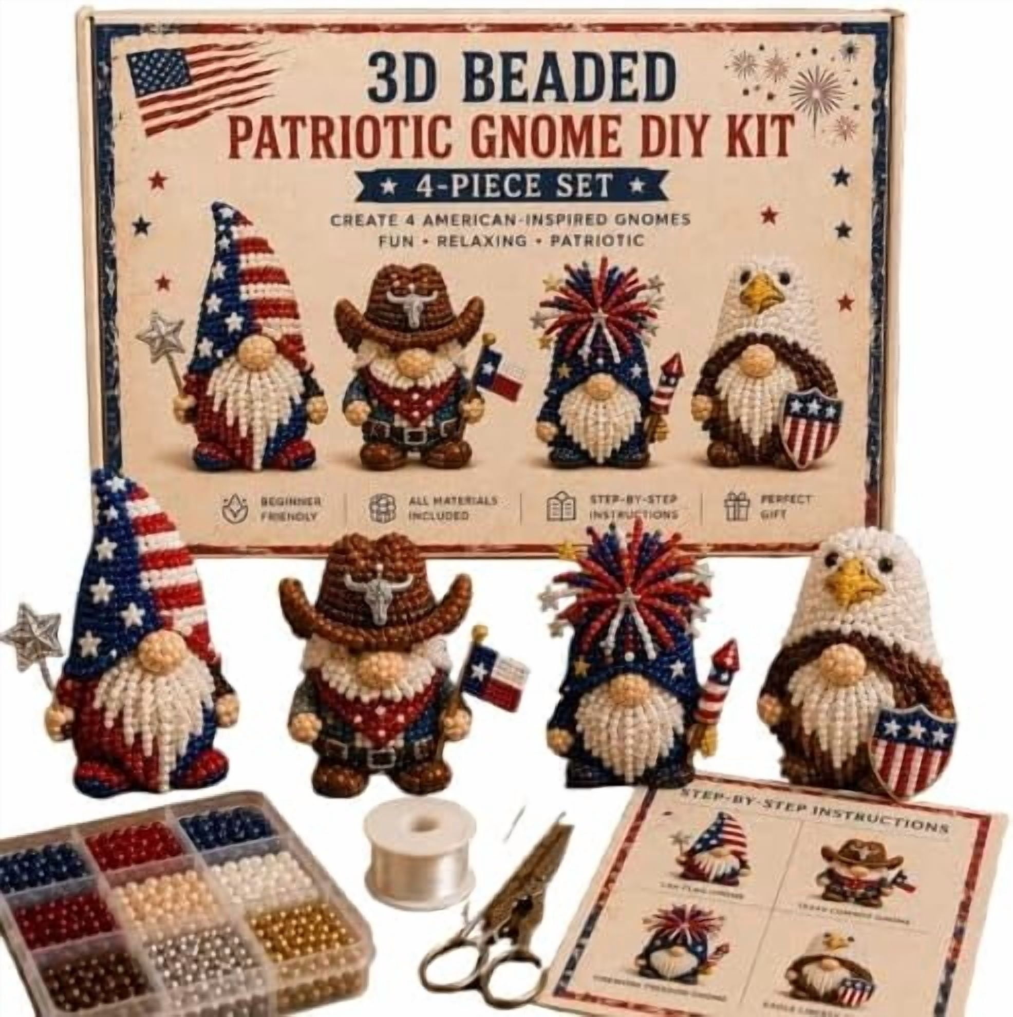 Jiapai Home 3D Beaded Gnome DIY Craft Kit, Beginner-Friendly Handmade Miniature Gnome Set (4-Piece Collection) 0gyuf