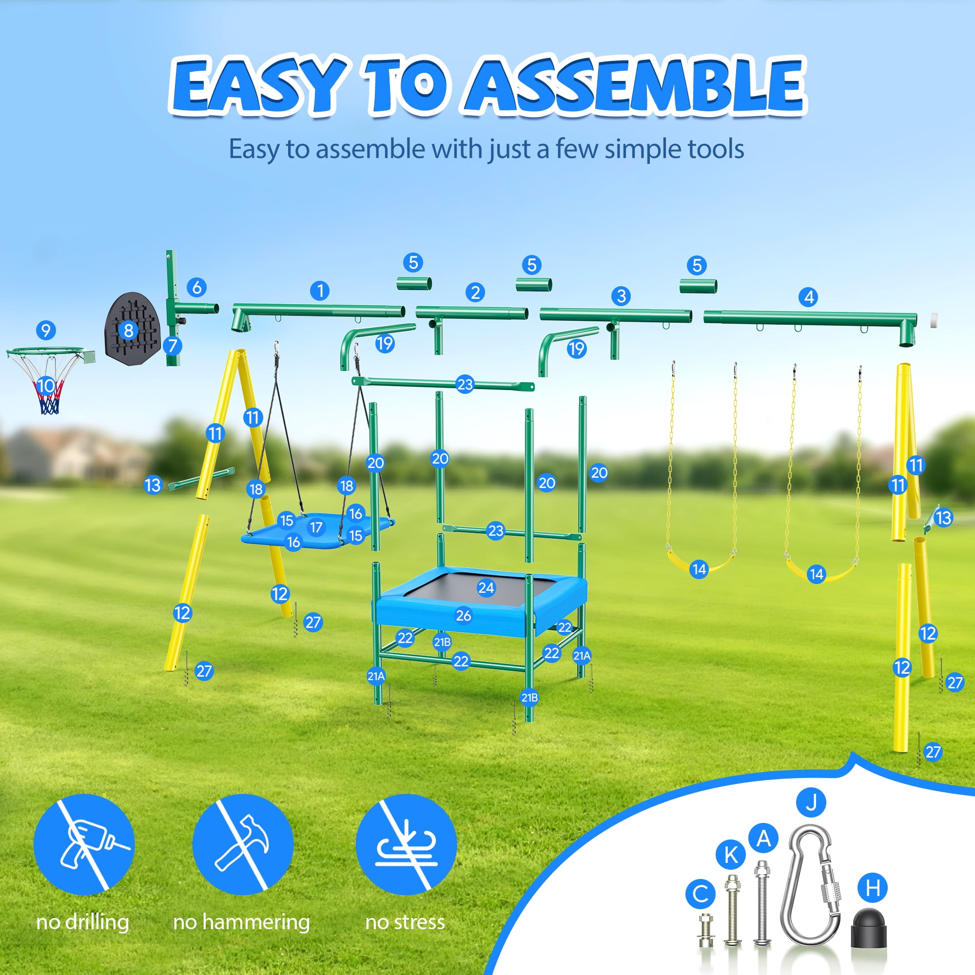 Easoger Metal Swing Set for Backyard, Heavy-Duty Outdoor Kids Playset with Trampoline, Platform Swing, 2 Swings and Basketball Hoop (11.1 ft L x 8.3 ft W x 6.1 ft H) mry3p