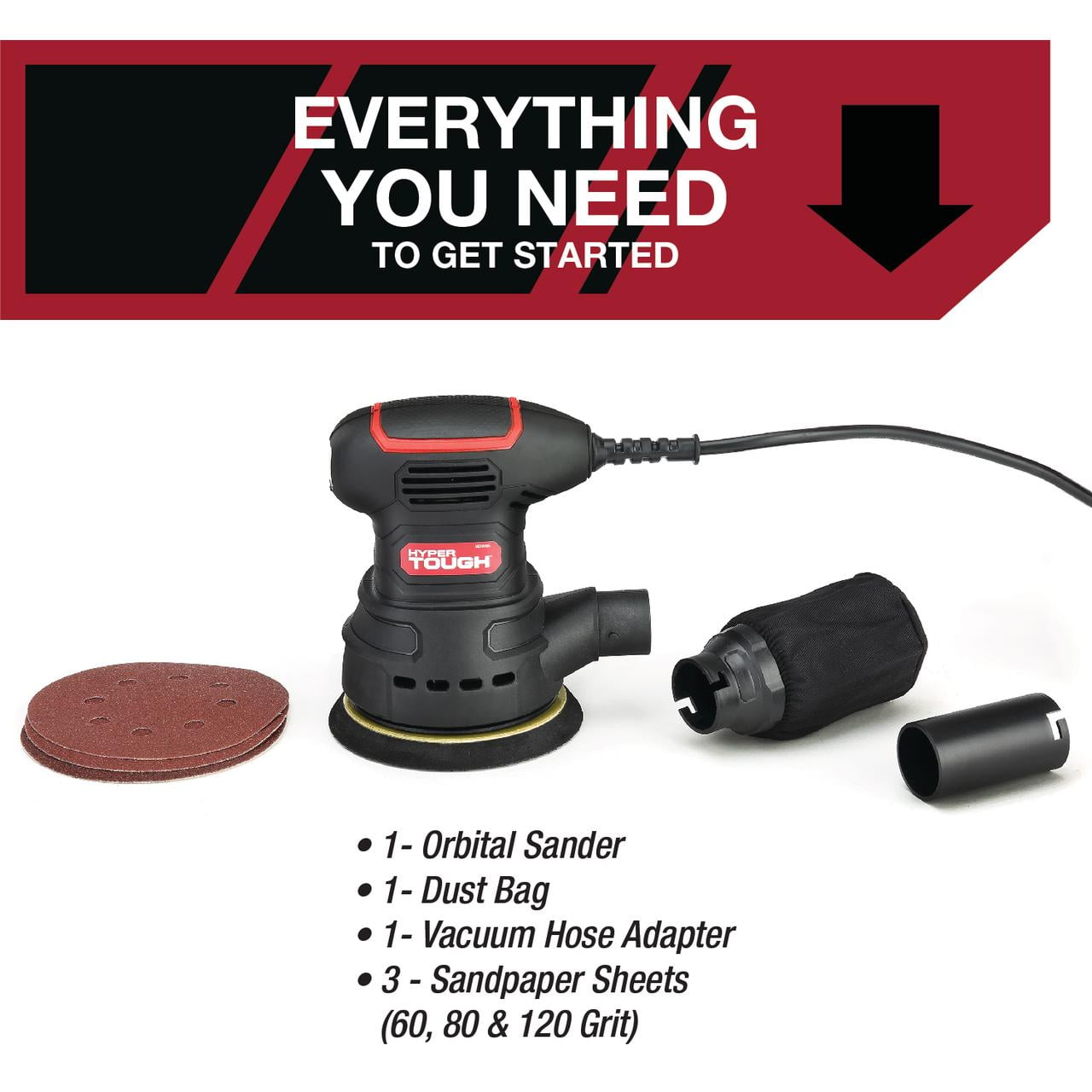 Hyper Tough 2.5 Amp Corded 5 inch Orbital Sander with Dust Collection System and Sanding Sheets (5 in) hva7x