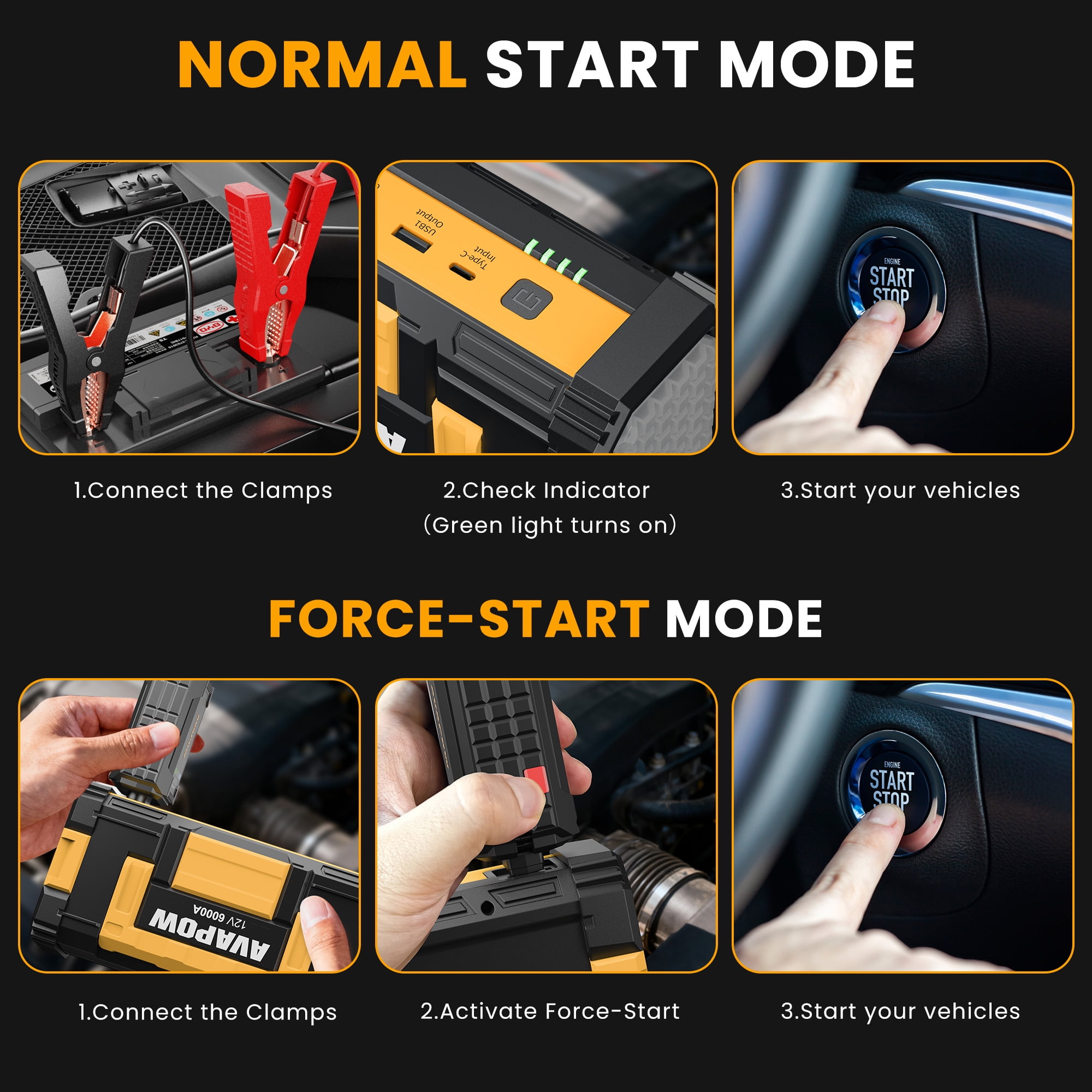 AVAPOW 6000A Portable Car Battery Jump Starter (Heavy-Duty, 32000mAh, LED Light, Yellow) jxqwv
