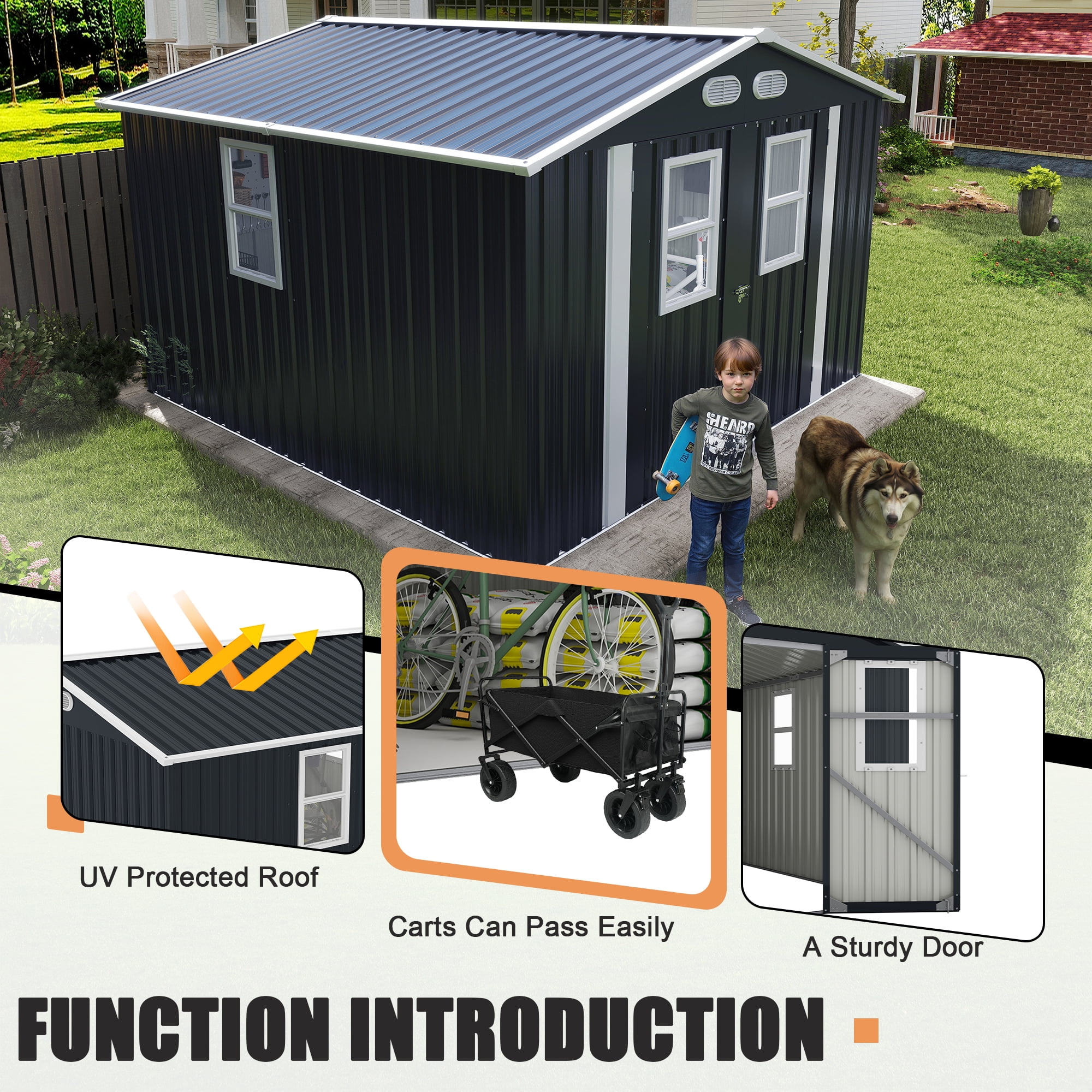 Olurrisa Outdoor Storage Shed, Metal Garden Tool Shed with 4 Windows and Lockable Door (Dark Gray, 8 ft x 8 ft) 3yi8b