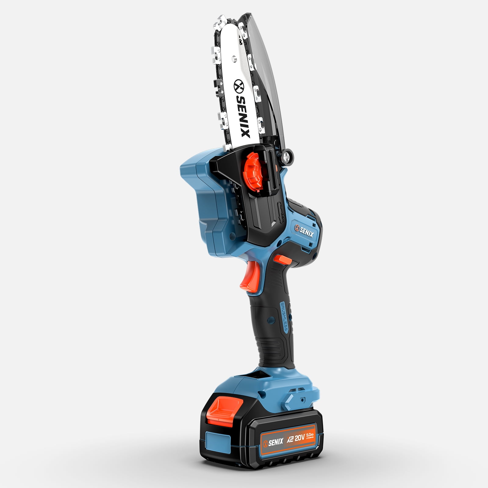 Senix 20V Cordless Mini Chainsaw, High-Efficiency Brushless Motor with 5Ah Battery and Charger (Blue, 5 in) qo9ur