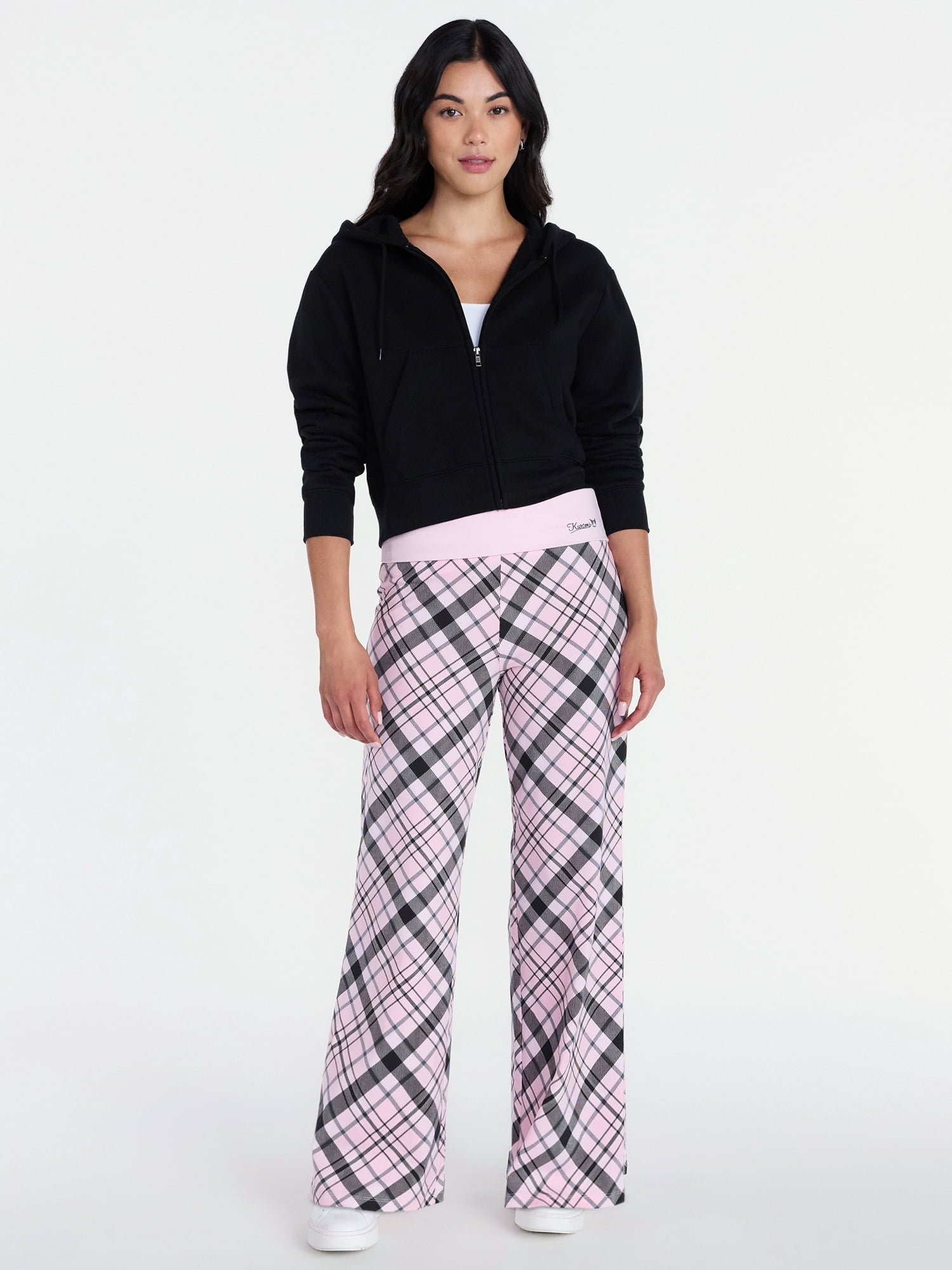 HelloKittyFriends Kuromi Plaid Foldover Pants Women's Wide Leg Lounge Bottoms (Pink, S) sbf7h