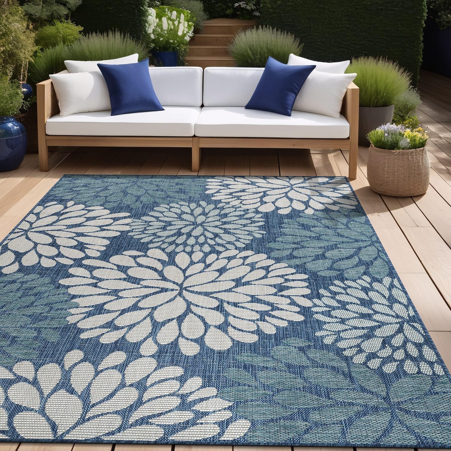 Beverly Rug Modern Floral Indoor Outdoor Area Rug (Blue, 5 ft x 7 ft) zy35d