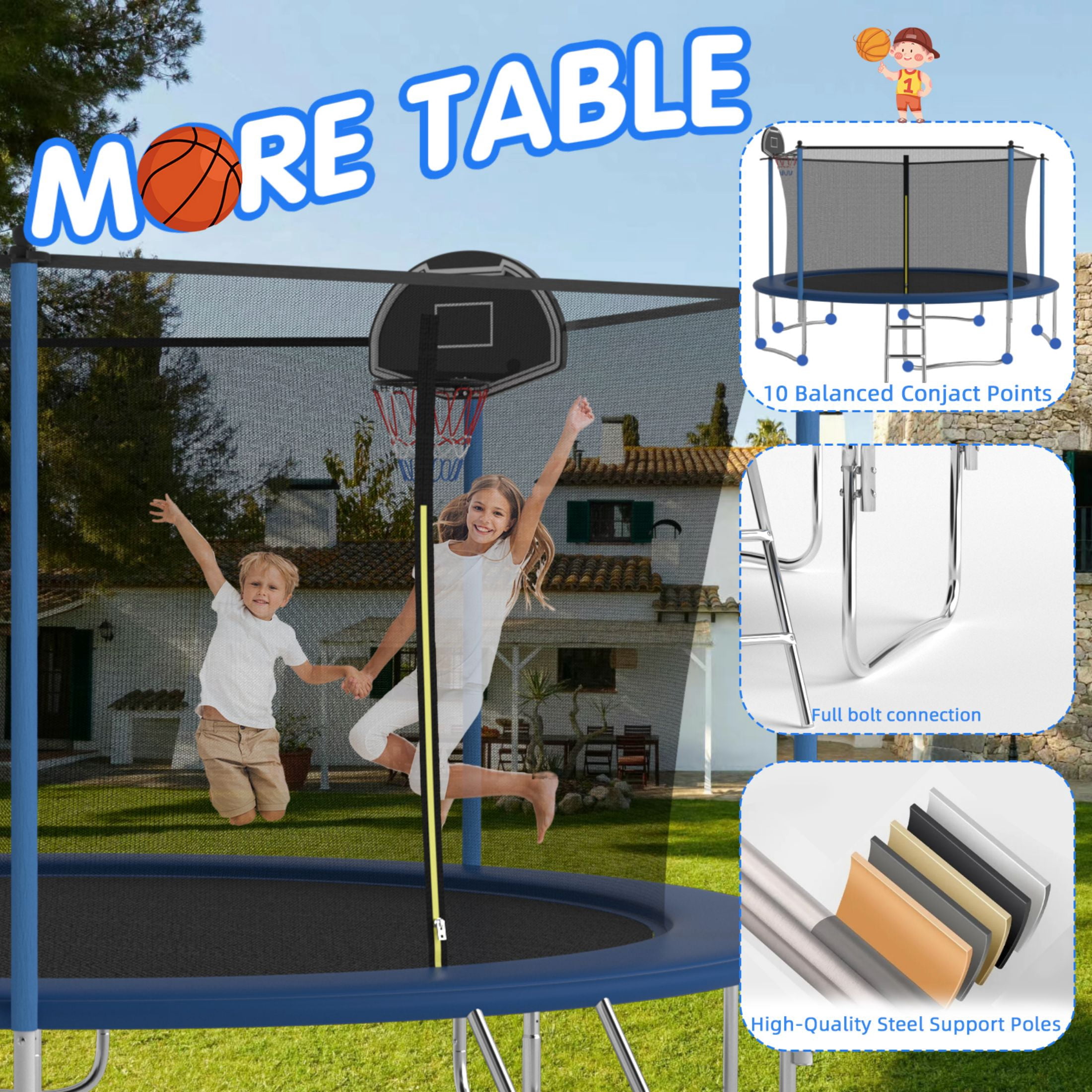 SENCHO GINSYTALIOR Round Outdoor Trampoline with Enclosure Net and Basketball Hoop (Blue, 14 ft) 5l0bm