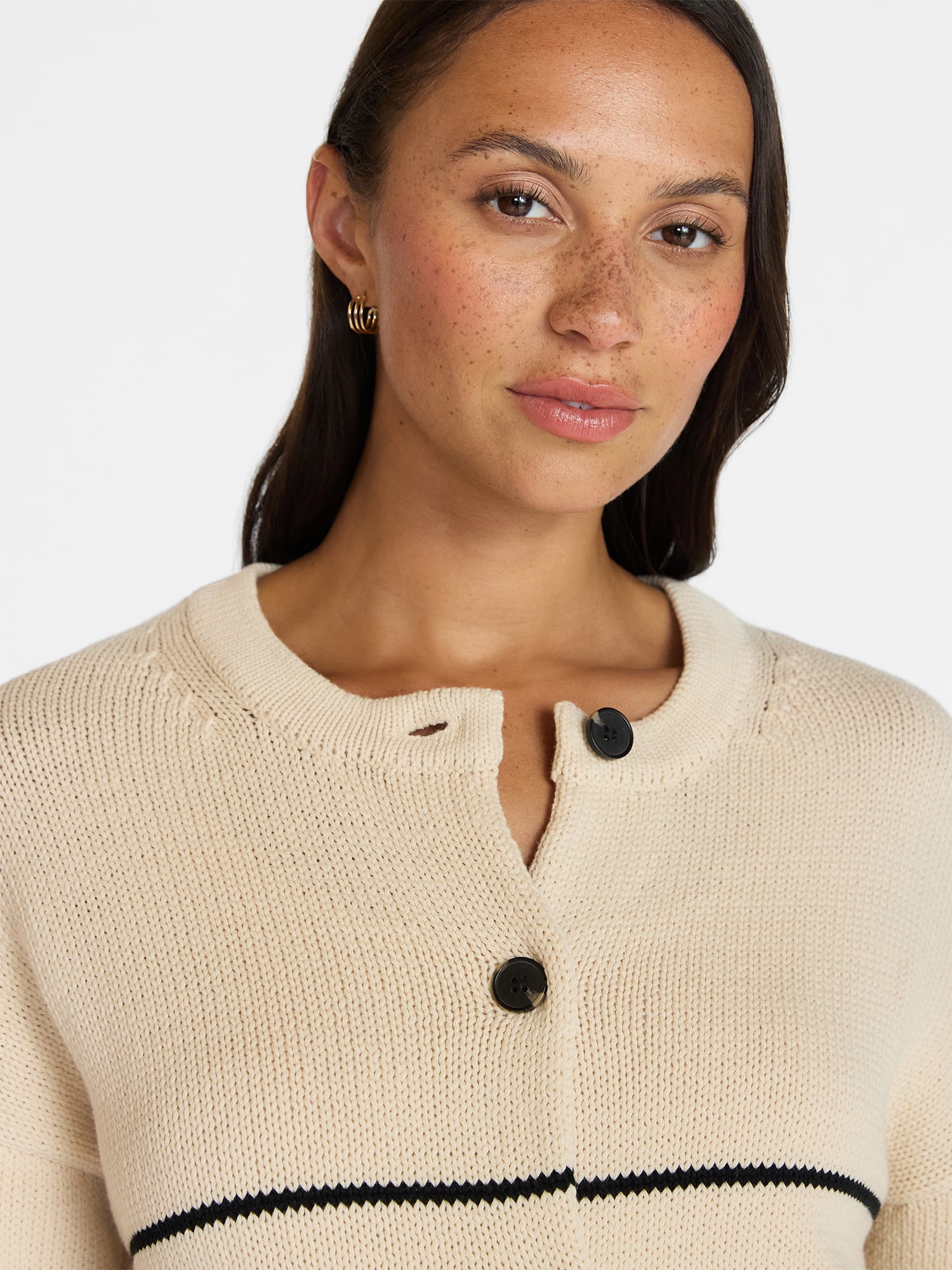 Time and Tru Women's Striped Cardigan Sweater Long Sleeve Crewneck (Beige, XS) rhaya