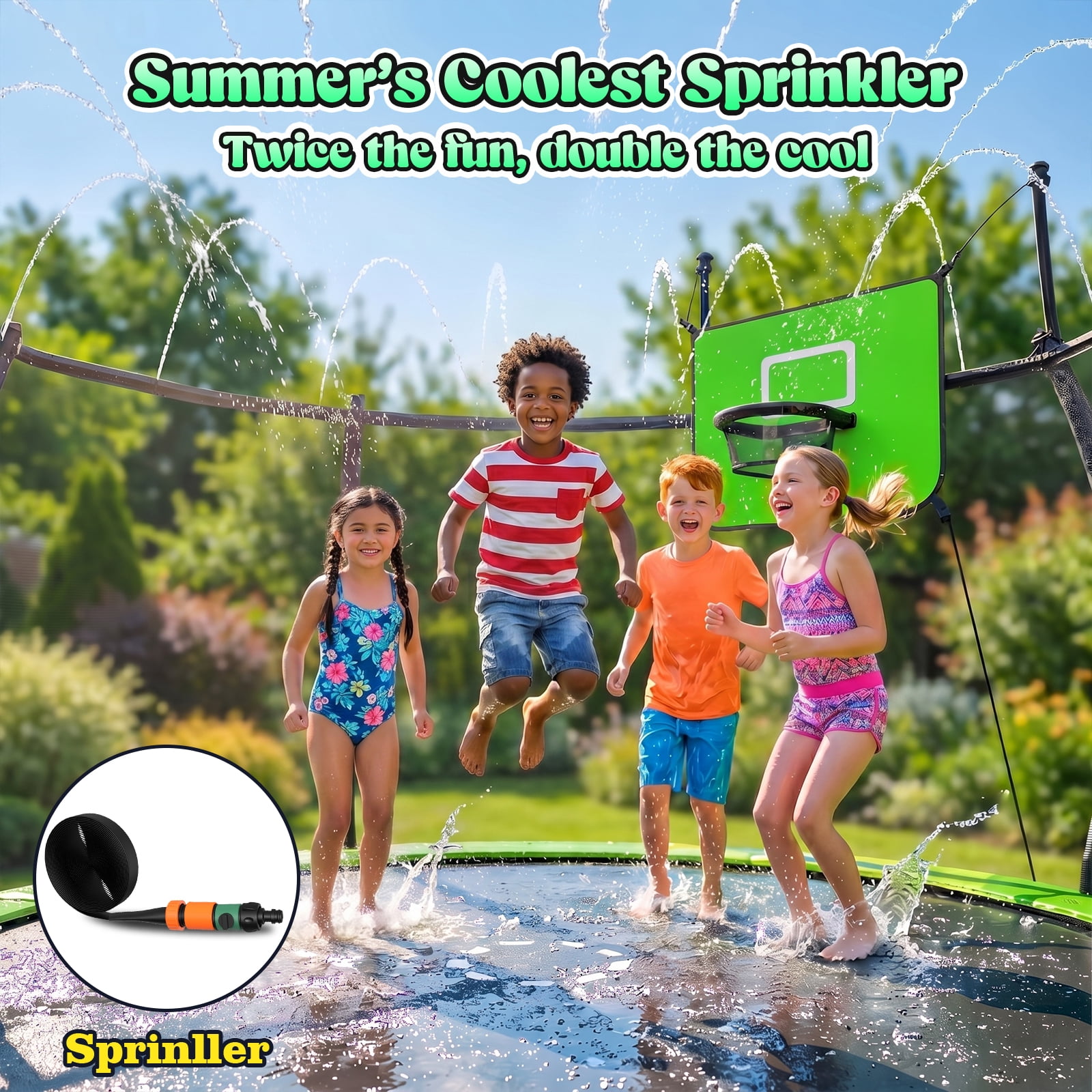 Gardwin Round Outdoor Trampoline with Safety Enclosure, Ladder, Sprinkler, and Basketball Hoop (Green, 12 ft) 8w8tp