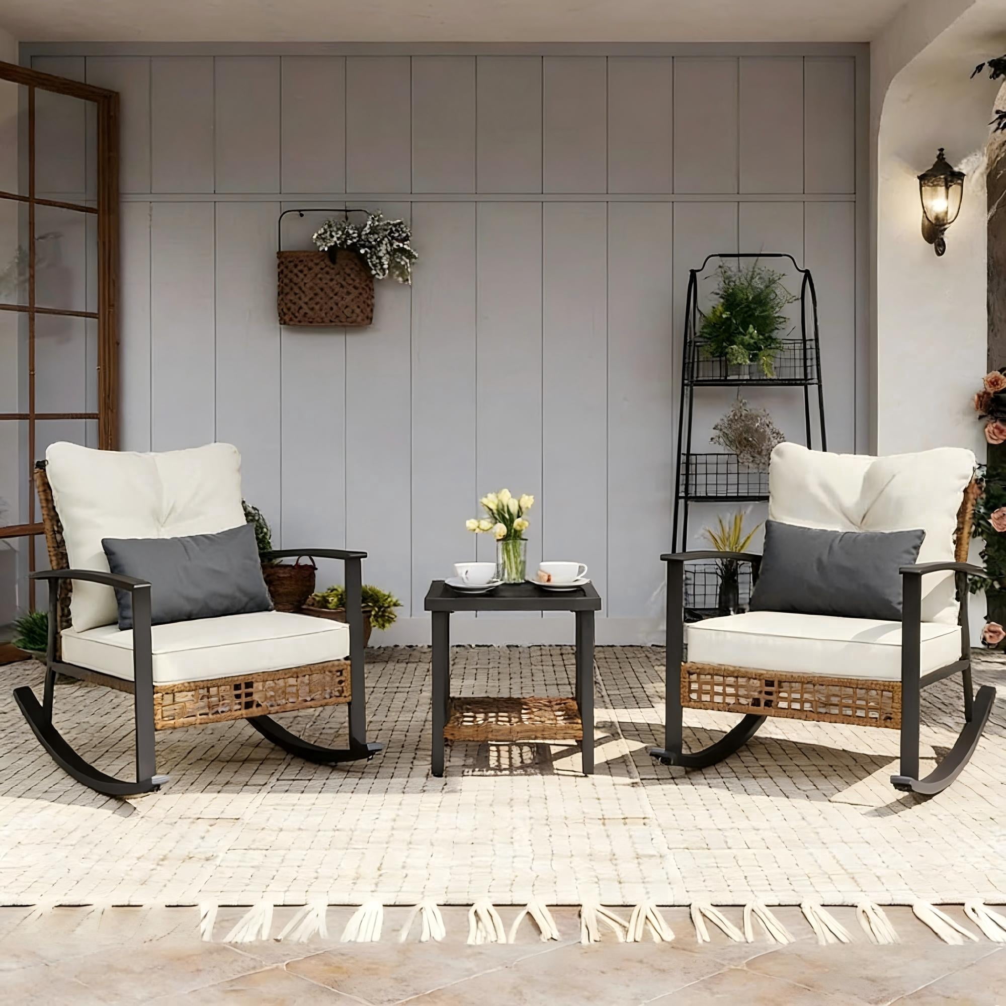 LAZZO 3-Piece Patio Conversation Set, PE Wicker Rocking Chairs with Lumbar Pillows and Tempered Glass Coffee Table (Beige, 3-Piece Set) 8kot2