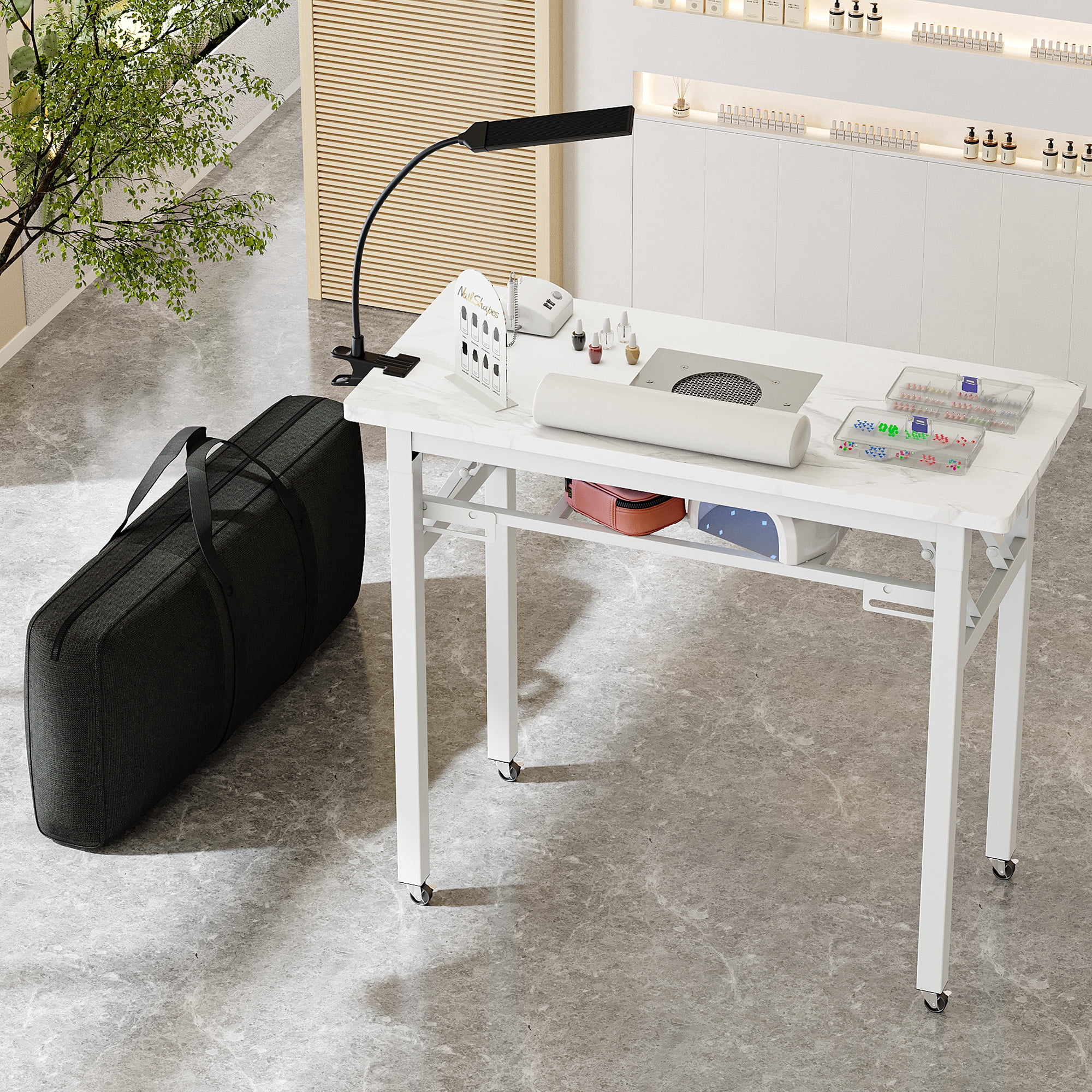 Advwin Portable Manicure Nail Table with Dust Collector and LED Lamp (White Marble, 37 in x 17 in) nxh01