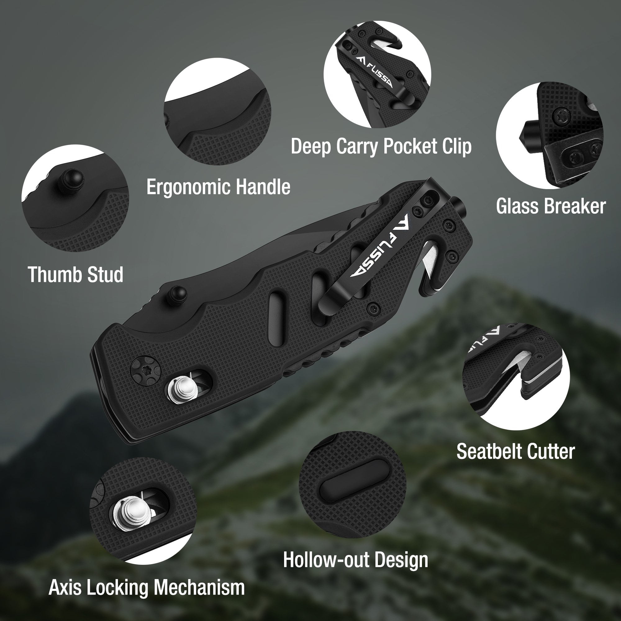 FLISSA Folding Pocket Knife with Glass Breaker and Seatbelt Cutter (Black, 3.5 in) ncwqy