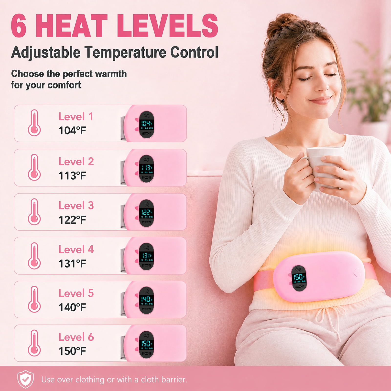 TeSabMi Cordless Heating Pad for Period Cramps, Portable Menstrual Belt with 6 Heat Levels & 6 Vibration Modes (Pink, 25.5 to 55 in) 4pgtx