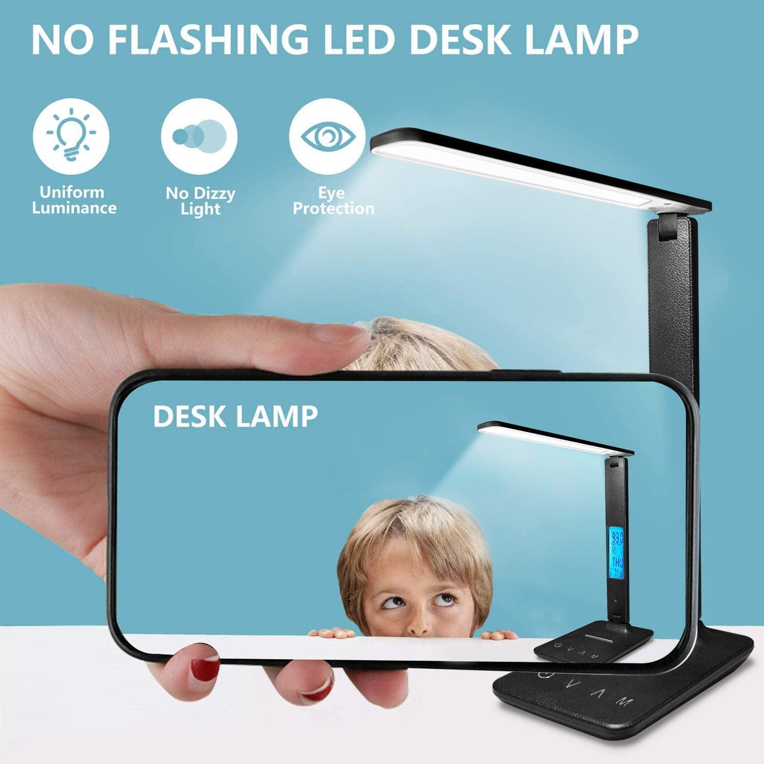 Lococo LED Desk Lamp with Wireless Charger and USB Port, Foldable Office Light with Clock and Alarm (Black, 1 Pack) bxw6e