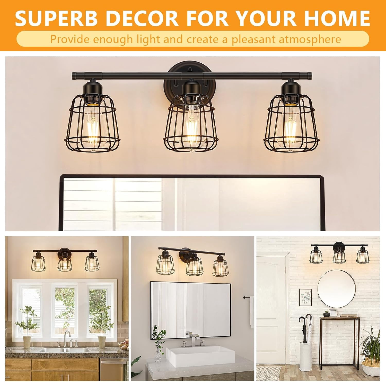 Licperron 3-Light Bathroom Vanity Fixture, Industrial Cage Shade Wall Lighting, Matte Black (18.11 in Wide) qit2a