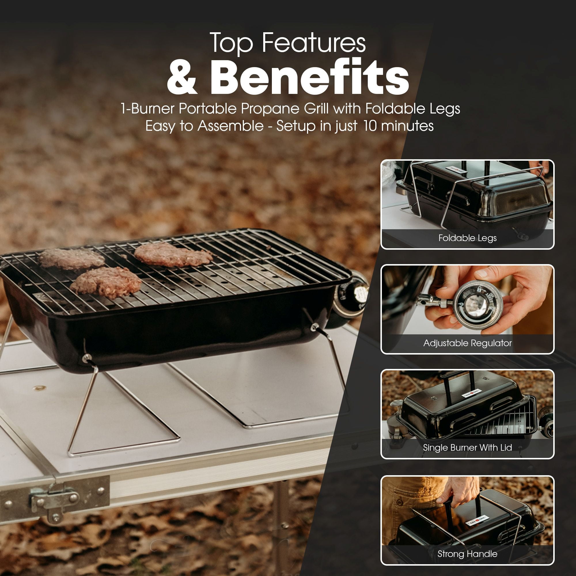 Gas One GPT-25 Portable Propane Gas Grill with Foldable Legs (Black, 16.37 in x 10.5 in) e44uy