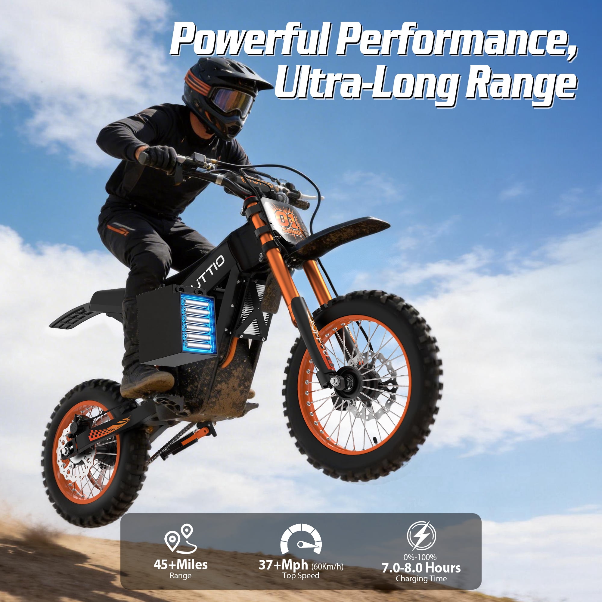 TUTTIO Soleil01 Adult Electric Dirt Bike, 3000W Motor, 45 Mile Range, Full Suspension (Black, 14 in x 12 in) eccs4