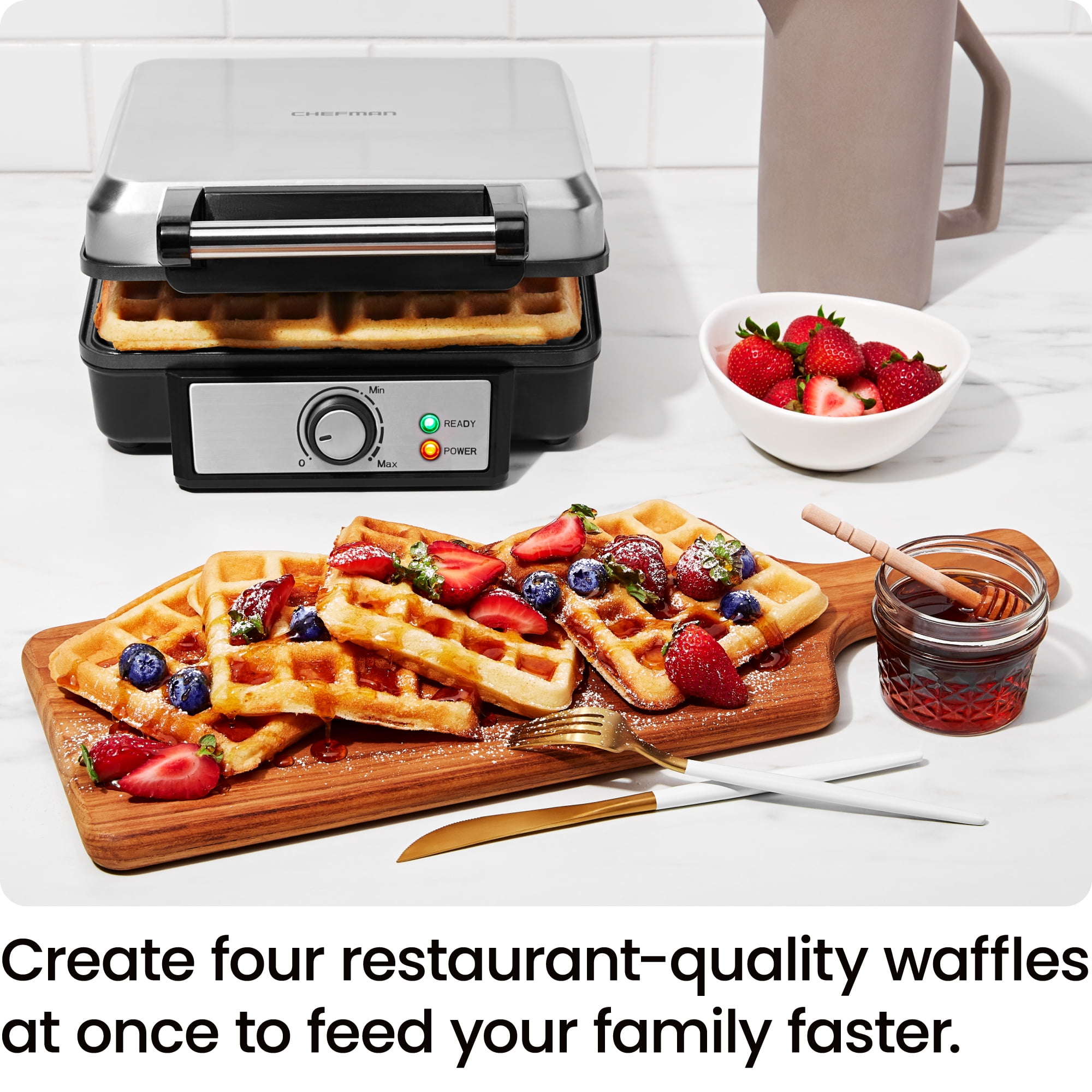 Chefman 4 Slice Belgian Waffle Maker with Adjustable Temperature Control (Silver, 12.5 in x 10.5 in x 4.5 in) mzu0d