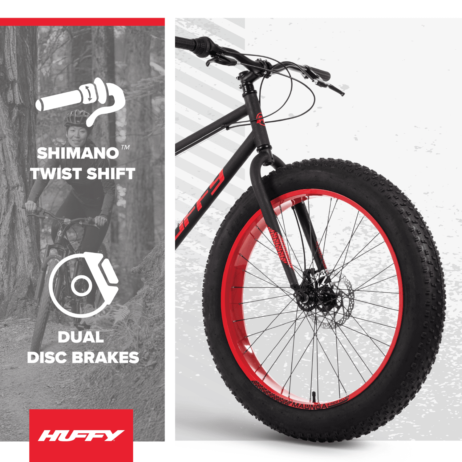 Huffy Maunga Fat Tire Mountain Bike, Durable Steel Frame, 7-Speed Shimano Drivetrain, Disc Brakes (Black/Red, 26 in) m5cel - Image 3