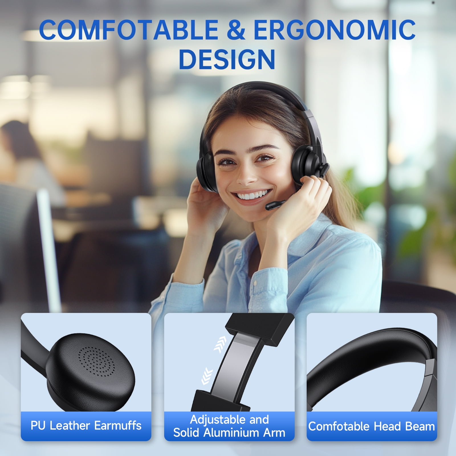 Froura Wireless Headset with Noise Cancelling Microphone, Bluetooth 5.3 Over-Ear Headphones for Computer and Laptop (Black, 1 Pack) ymcsw - Image 8