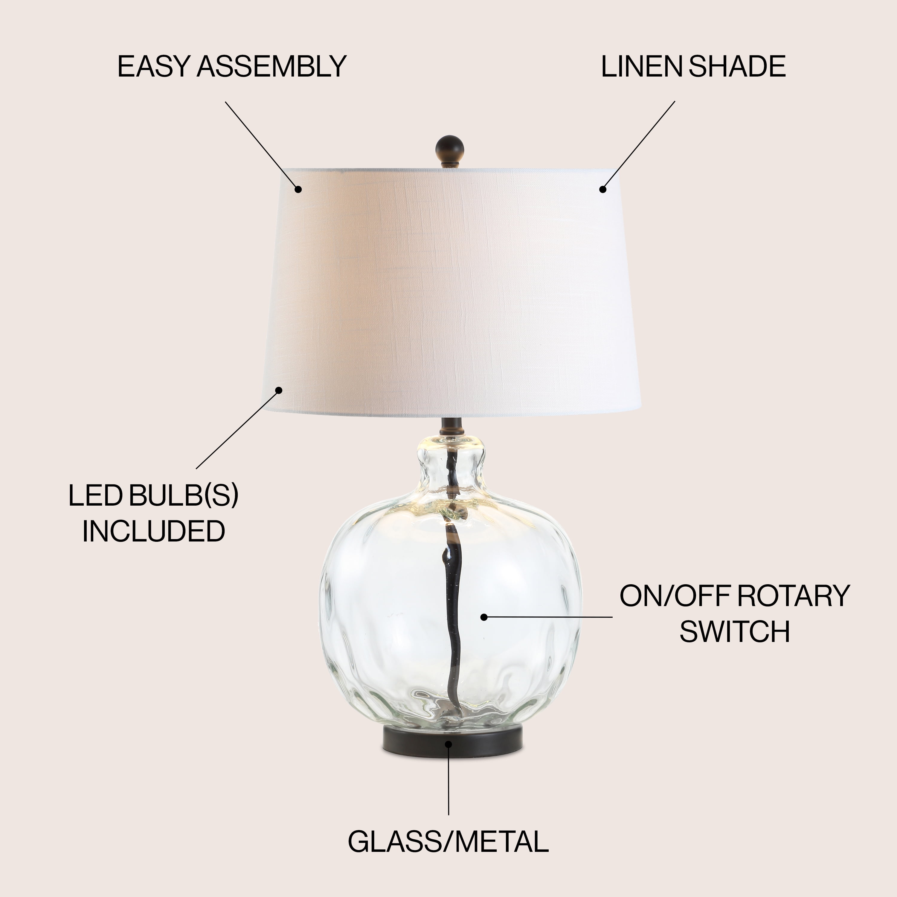 JONATHAN Y Rae Glass and Metal LED Table Lamp (Clear and Black, 26.5 in) p70r3