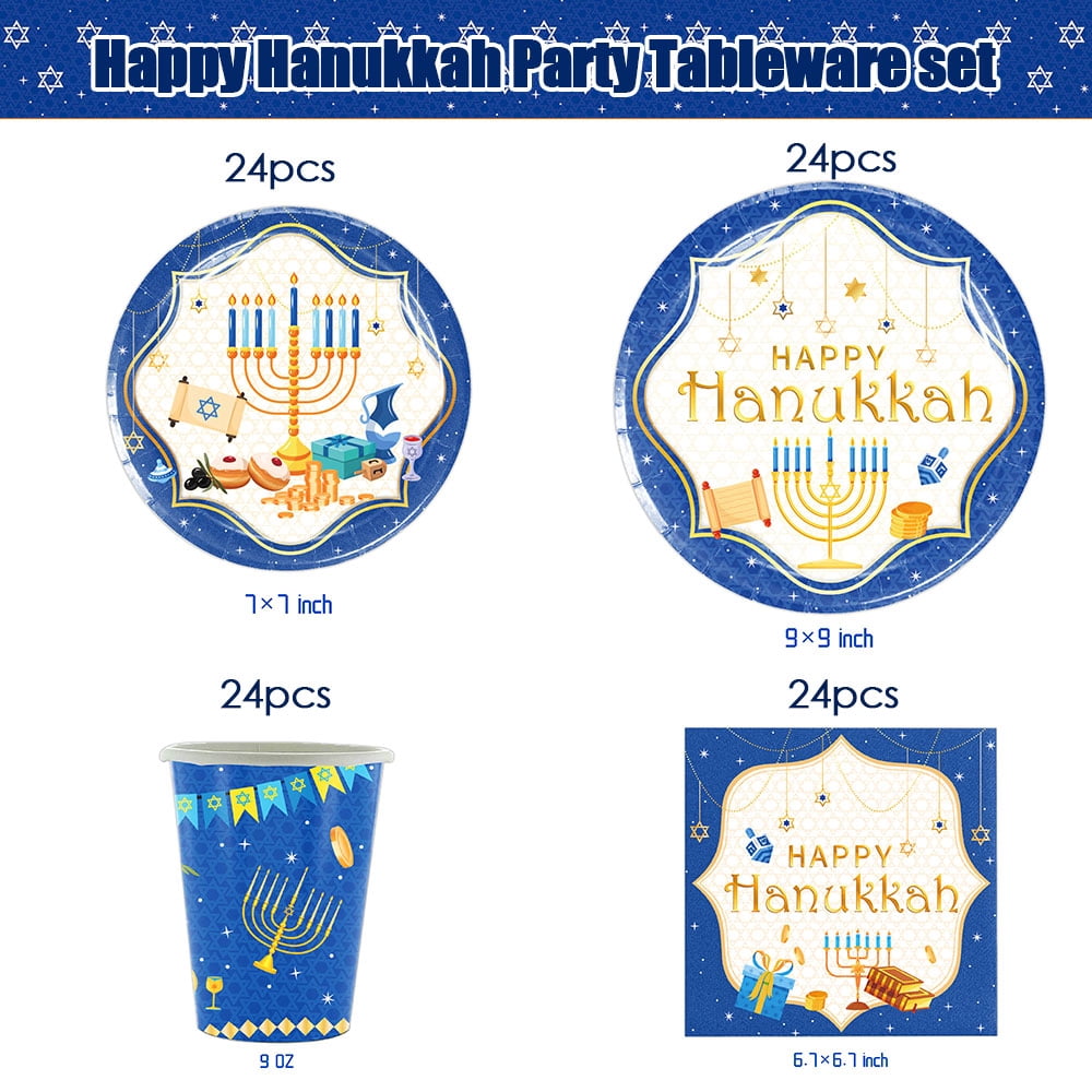 MSJEHQI Hanukkah Party Dinnerware Set, Disposable Plates, Cups, and Napkins for 24 Guests (Blue, 96 Piece Set) csxdc