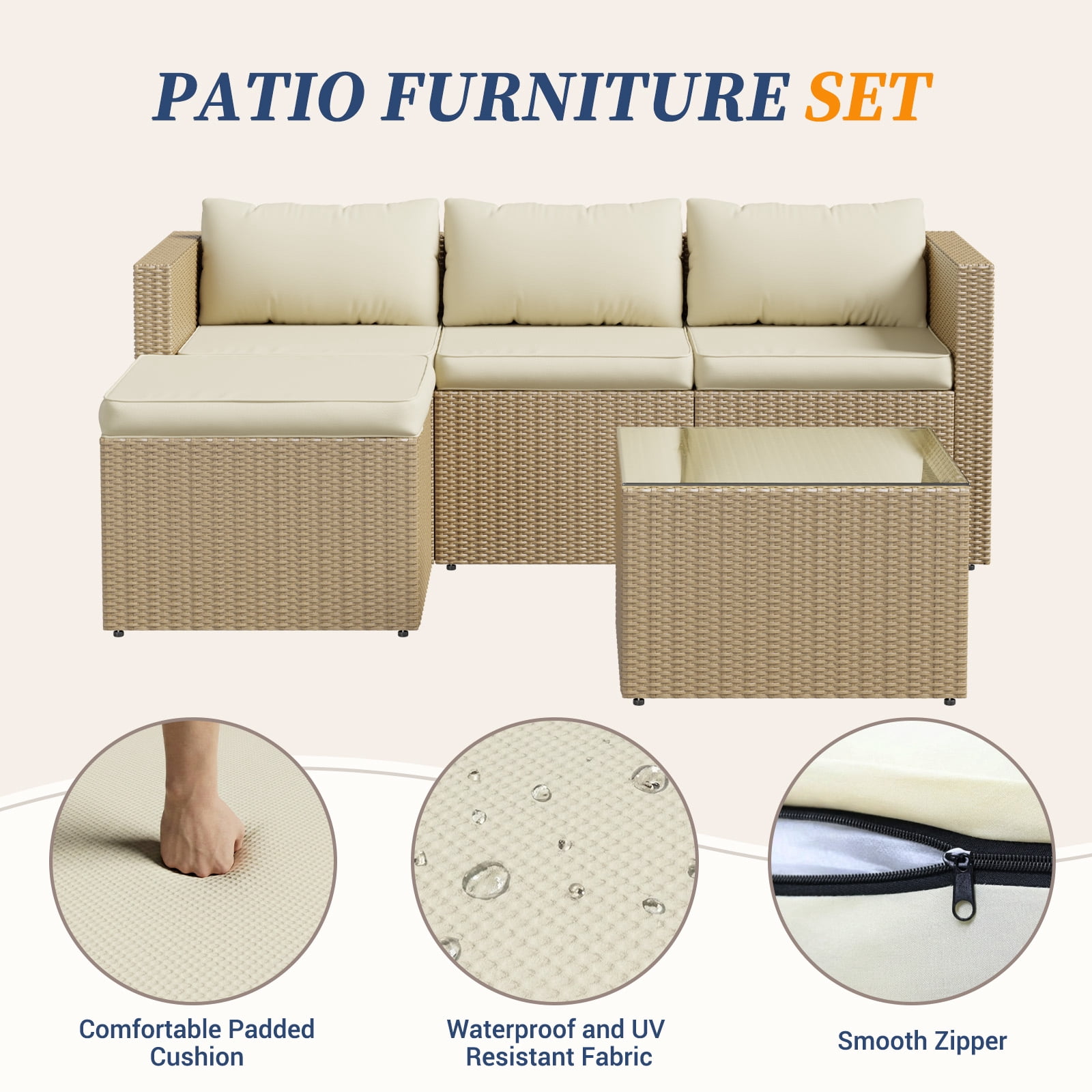 ELPOSUN 5-Piece Outdoor Patio Furniture Conversation Set, All-Weather Wicker Sectional Sofa with Coffee Table and Cushions (Beige, 5-Piece Set) clote